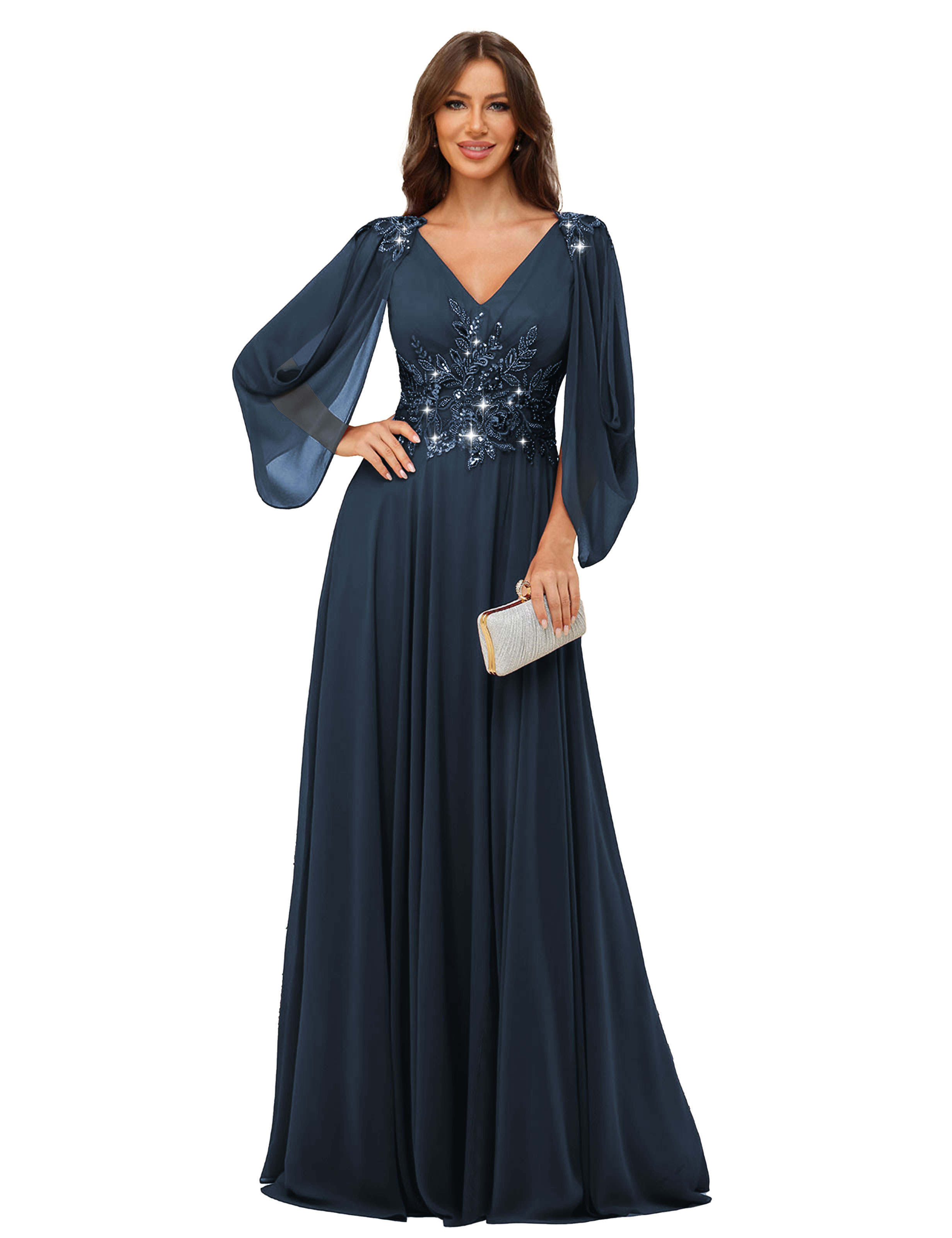 A-line V-neck Chiffon V-back Long Sleeves Mother of The Bride Dress #BM2501034