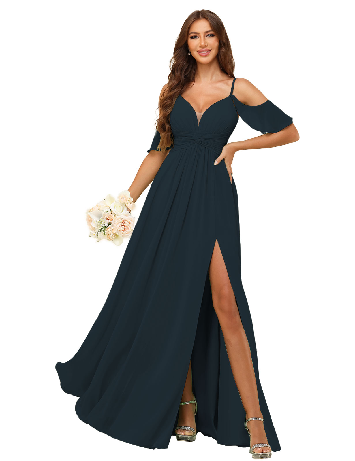 A-line Deep V-neck Spaghetti Straps Chiffon Silt Bridesmaid Dress #BM2507134