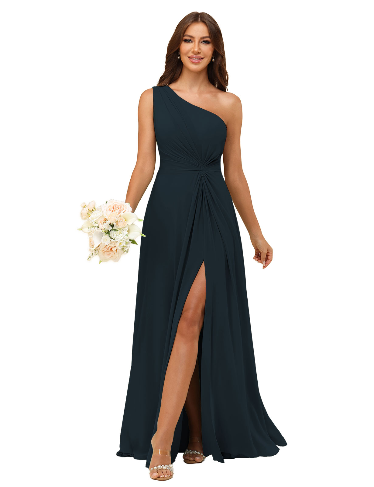 A-line One Shoulder Chiffon Silt Bridesmaid Dress #BM2508033
