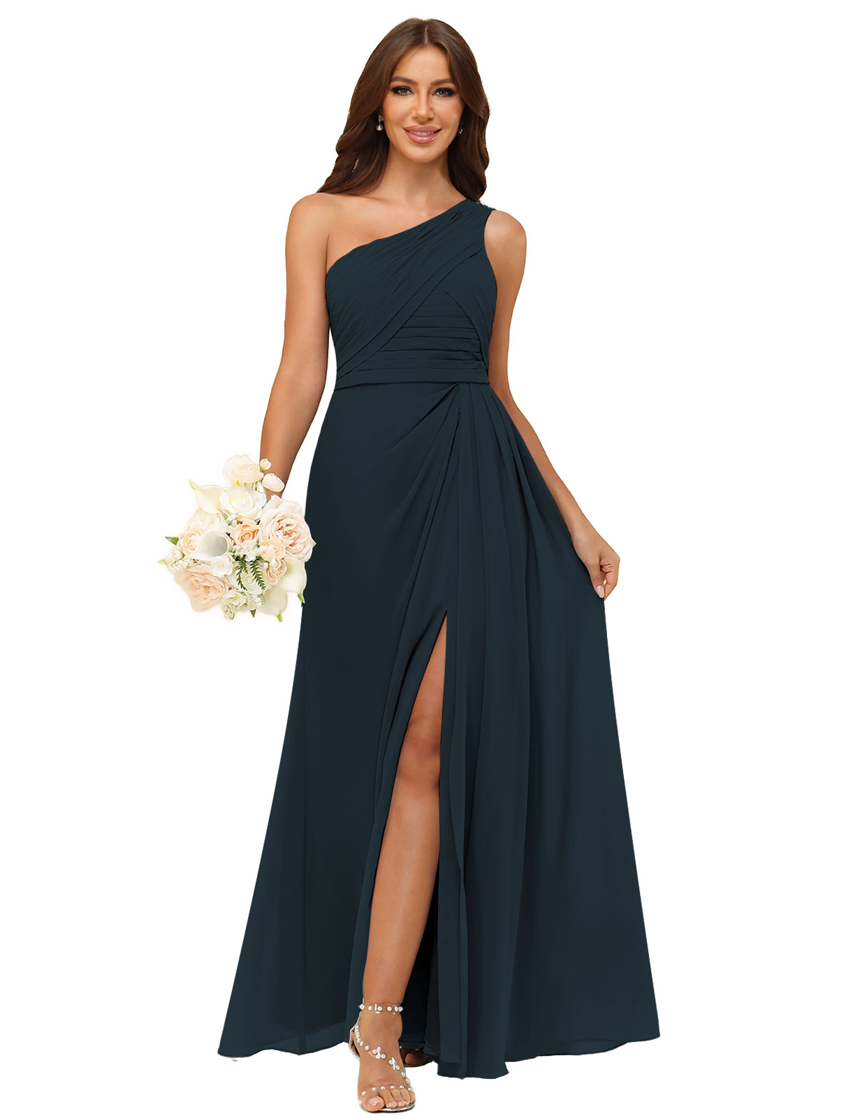A-line One Shoulder Chiffon Silt Back Zip Bridesmaid Dress #BM2504122