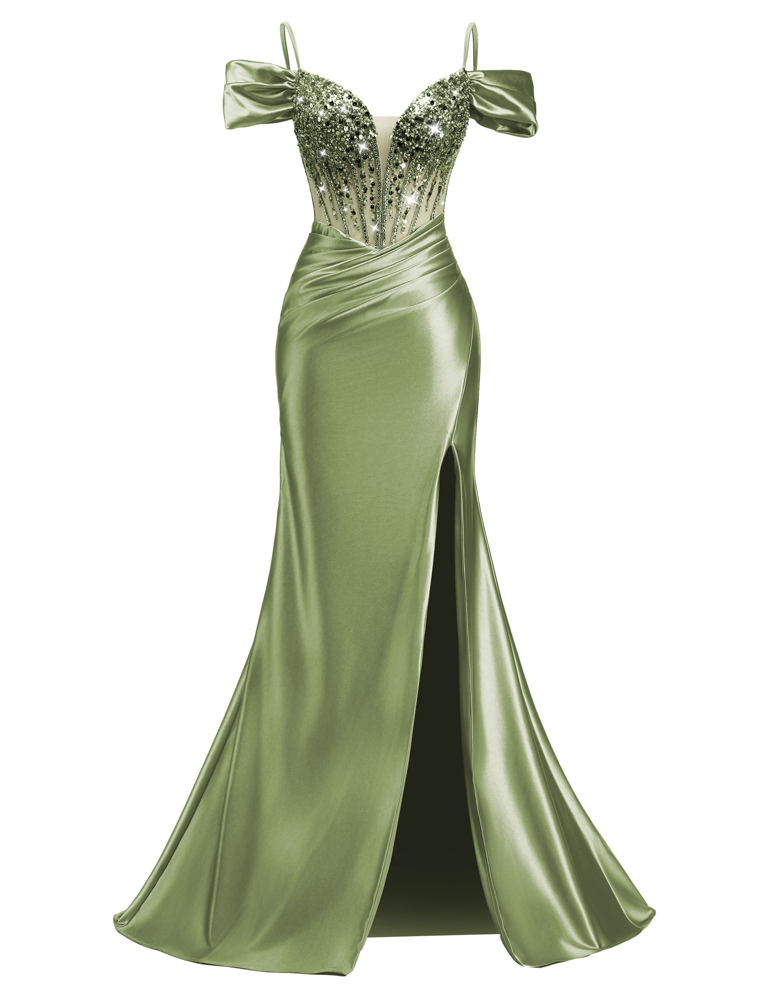 Mermaid V-neck Off Shoulder Beaded Sequin Satin Slit Prom Dress #PR2510014