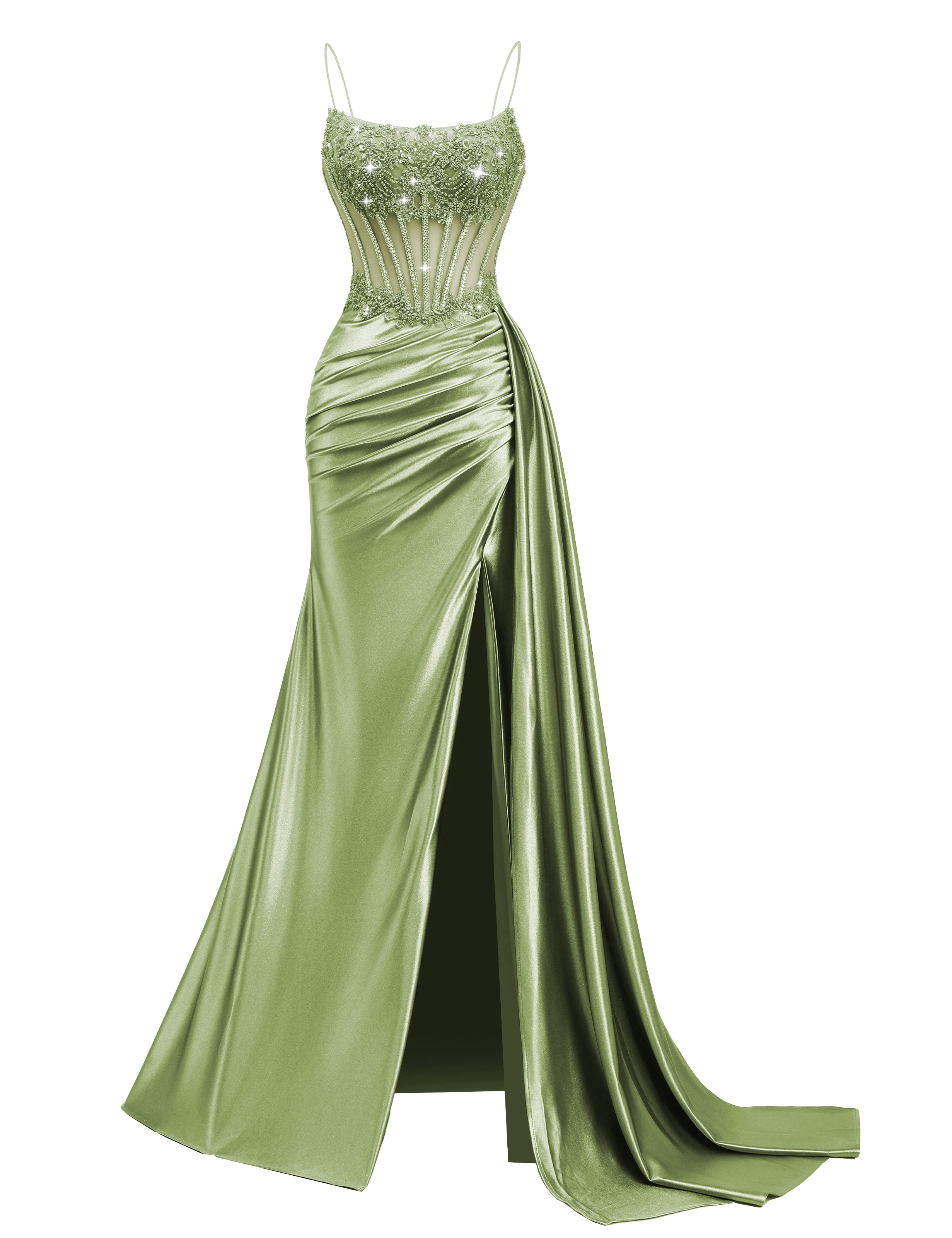 Mermaid Spaghetti Straps Pleated Satin Beaded Slit Prom Dress #PR2510011