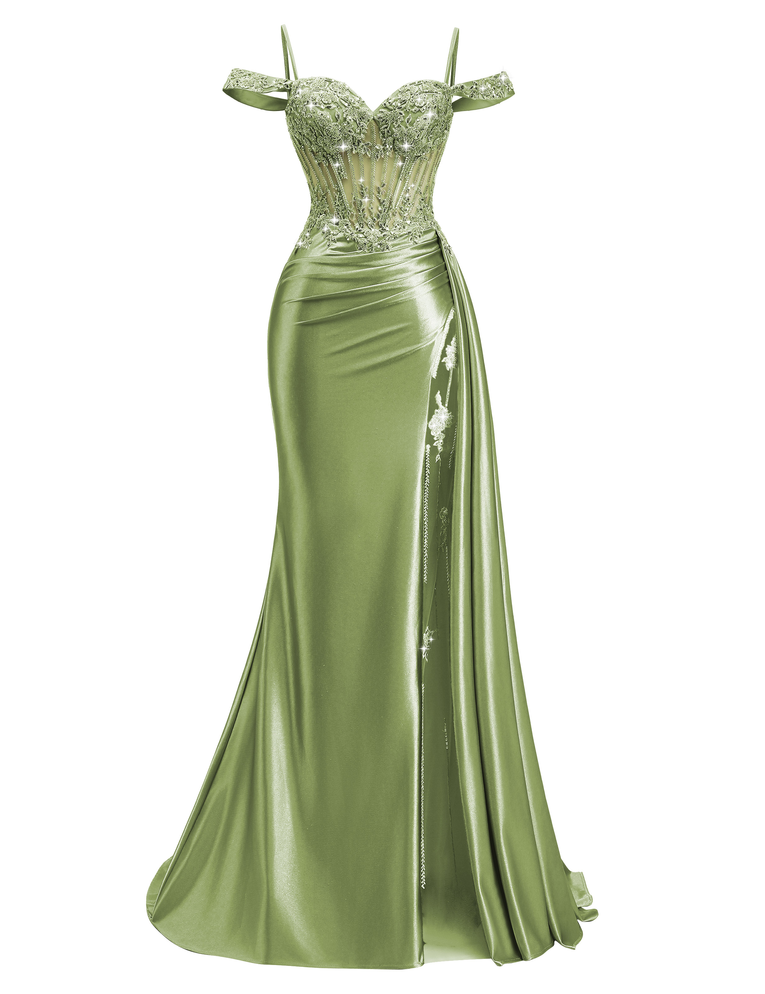 Mermaid Off Shoulder Beaded Sequin Appliques Satin Slit Prom Dress #PR2510009