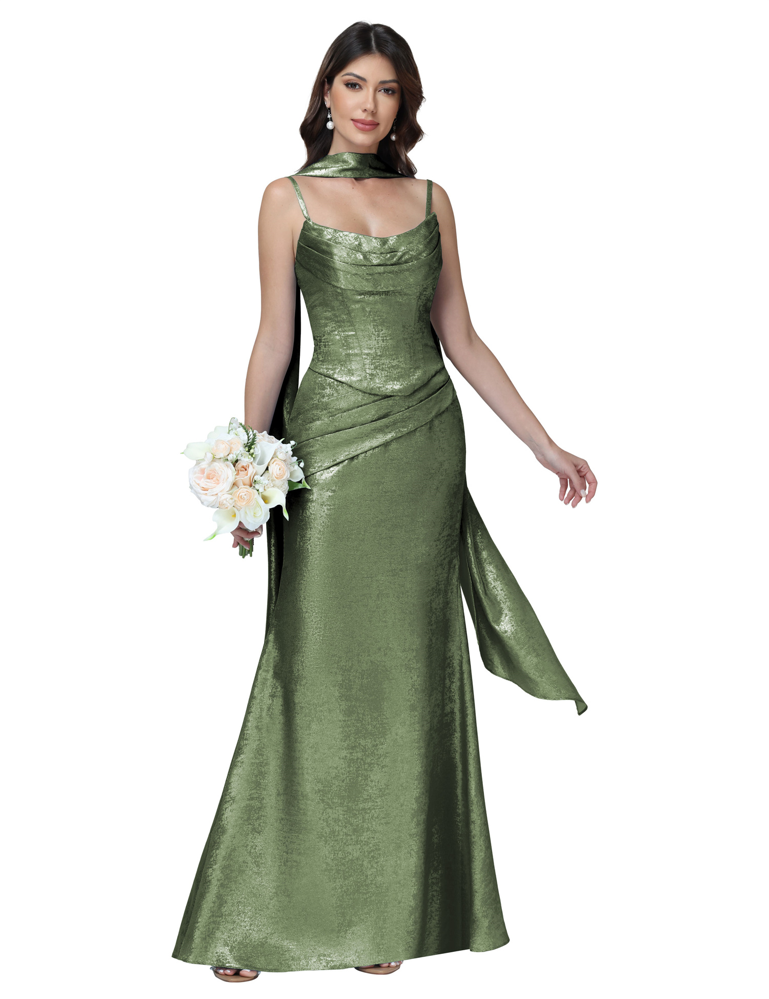Mermaid Spaghttei Straps Prom Dress 2 Pieces Bridesmaid Dress with Scarf #BM2512054