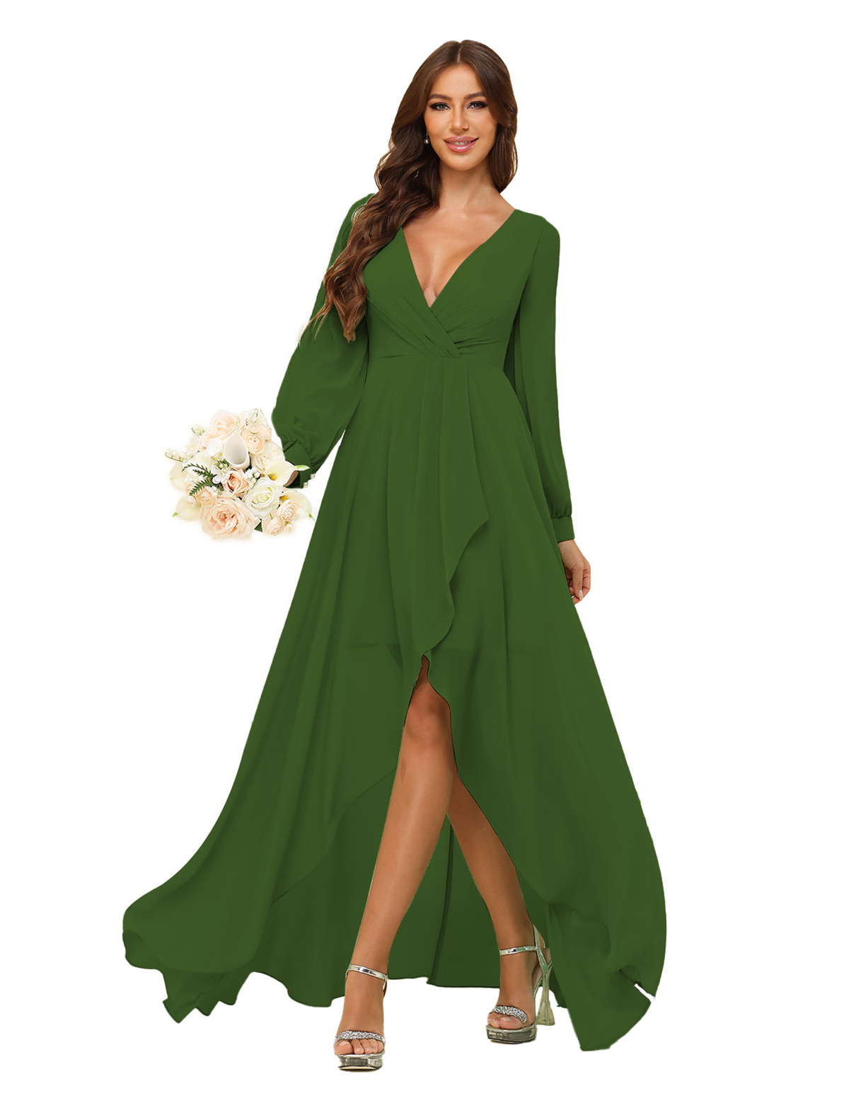 A-line Deep V-neck Chiffon Long Sleeves Bridesmaid Dress #BM2507136