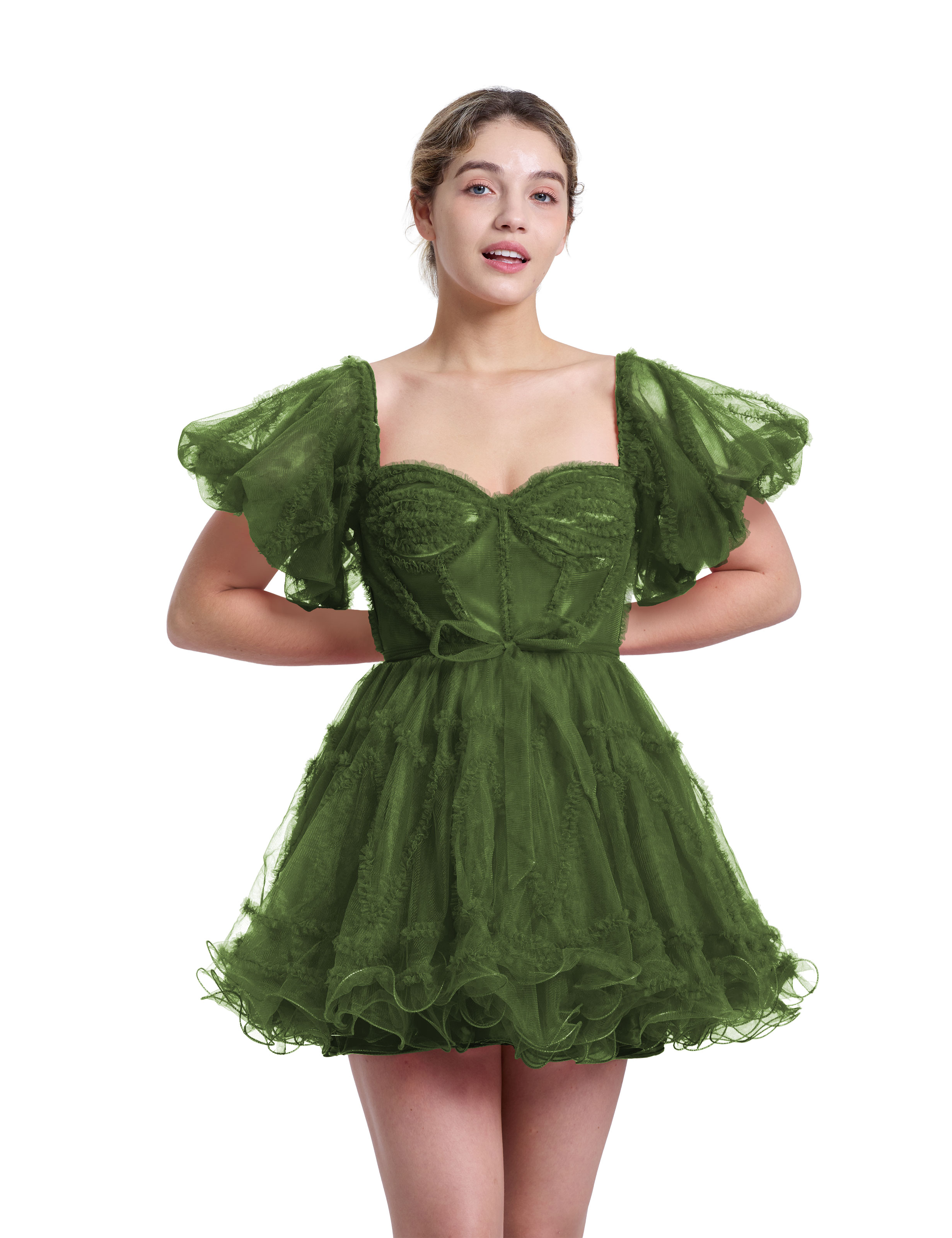 A-line Sweetheart Ruffles Tulle Puffy Sleeves Red Homecoming Dress #HC2401317