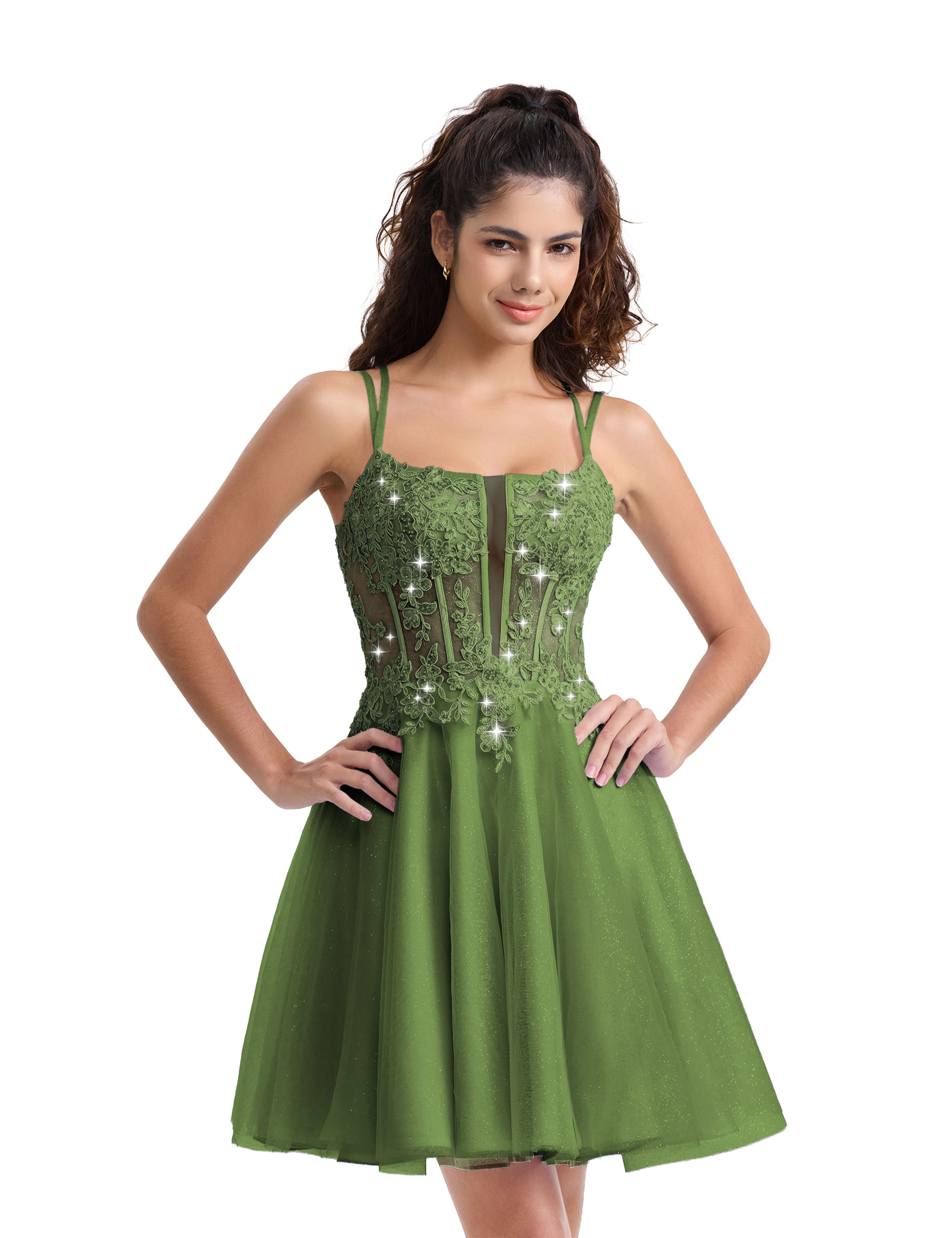 A-line Spaghetti Strap Tulle Lace Appliques Cocktail Homecoming Dress #HC2402129