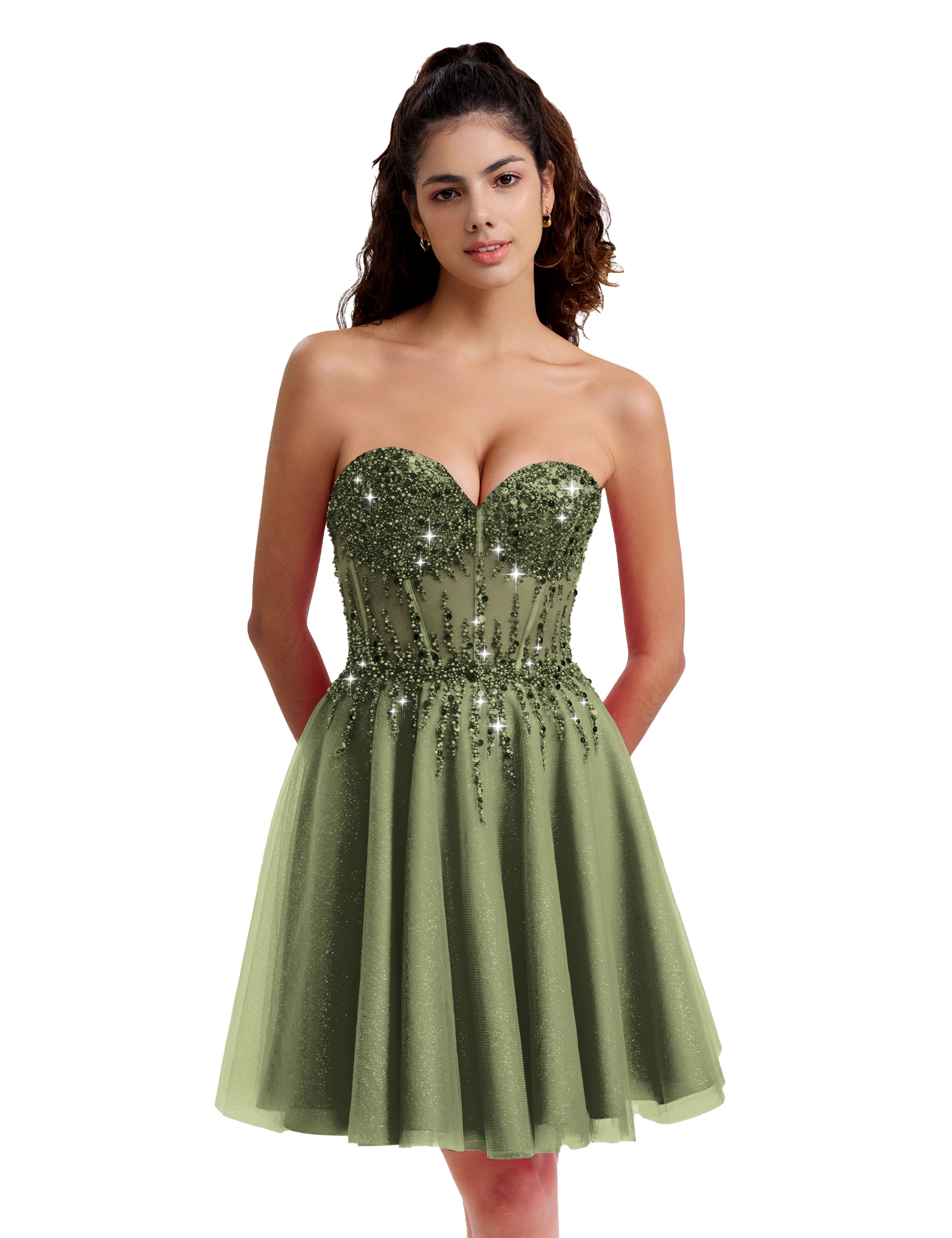 Sparkly A-line Sweetheart Tulle Beaded Party Homecoming Dress #HC2402135