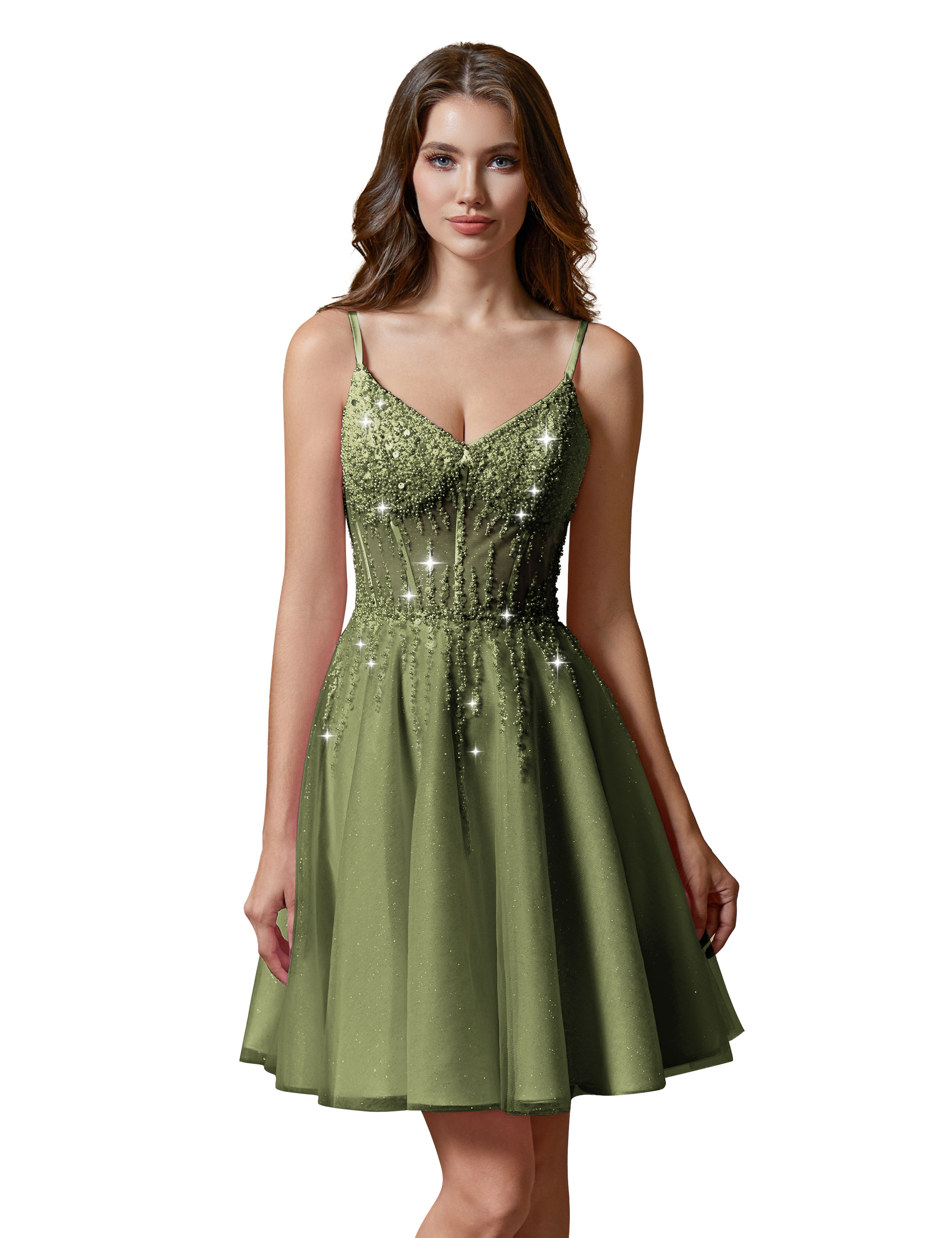 A-line V-Neck Sparkly Tulle Lace Appliques Homecoming Dress #HC2401738
