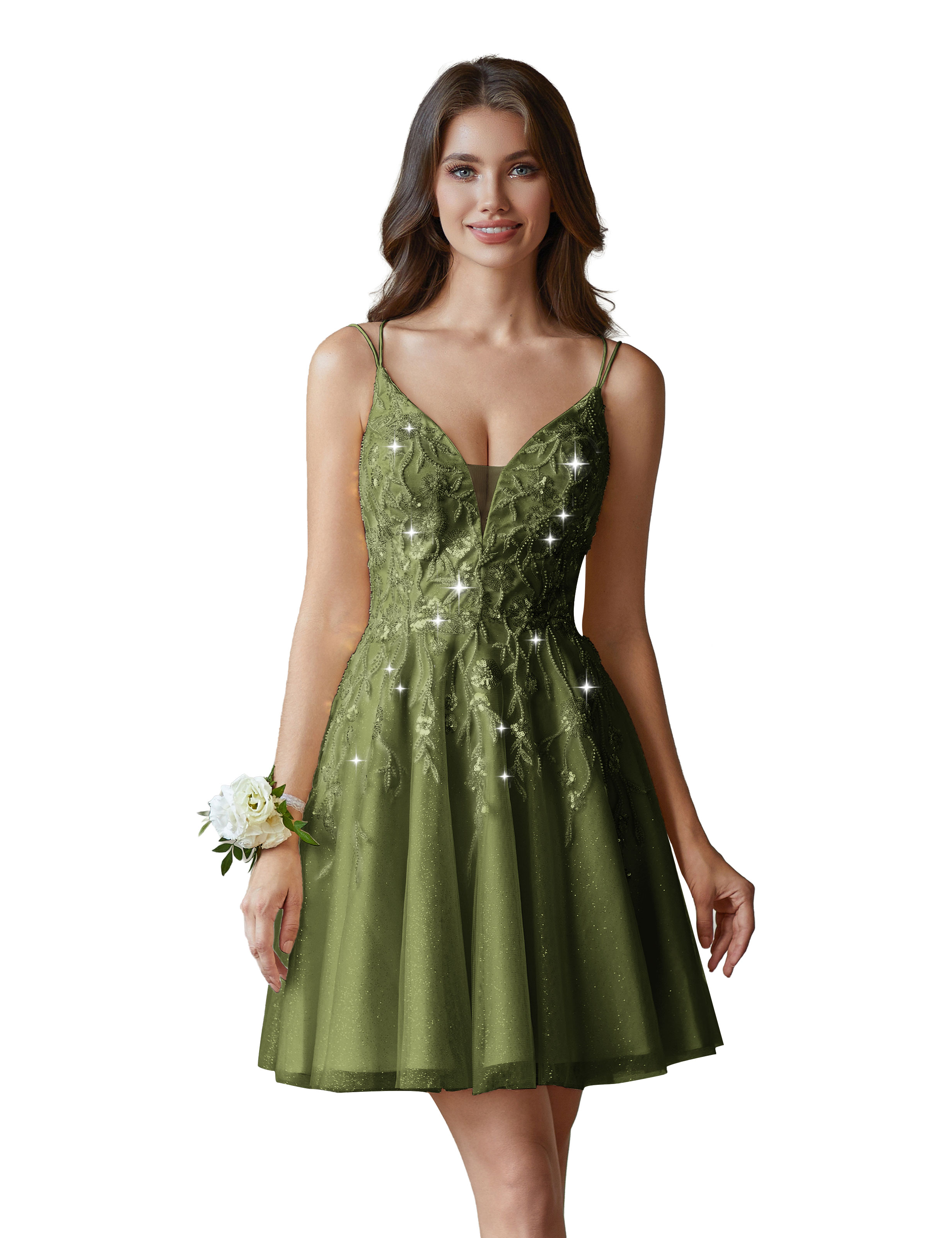A-line V-Neck Tulle Beaded Lace Appliques Cocktail Homecoming Dress #HC2402602