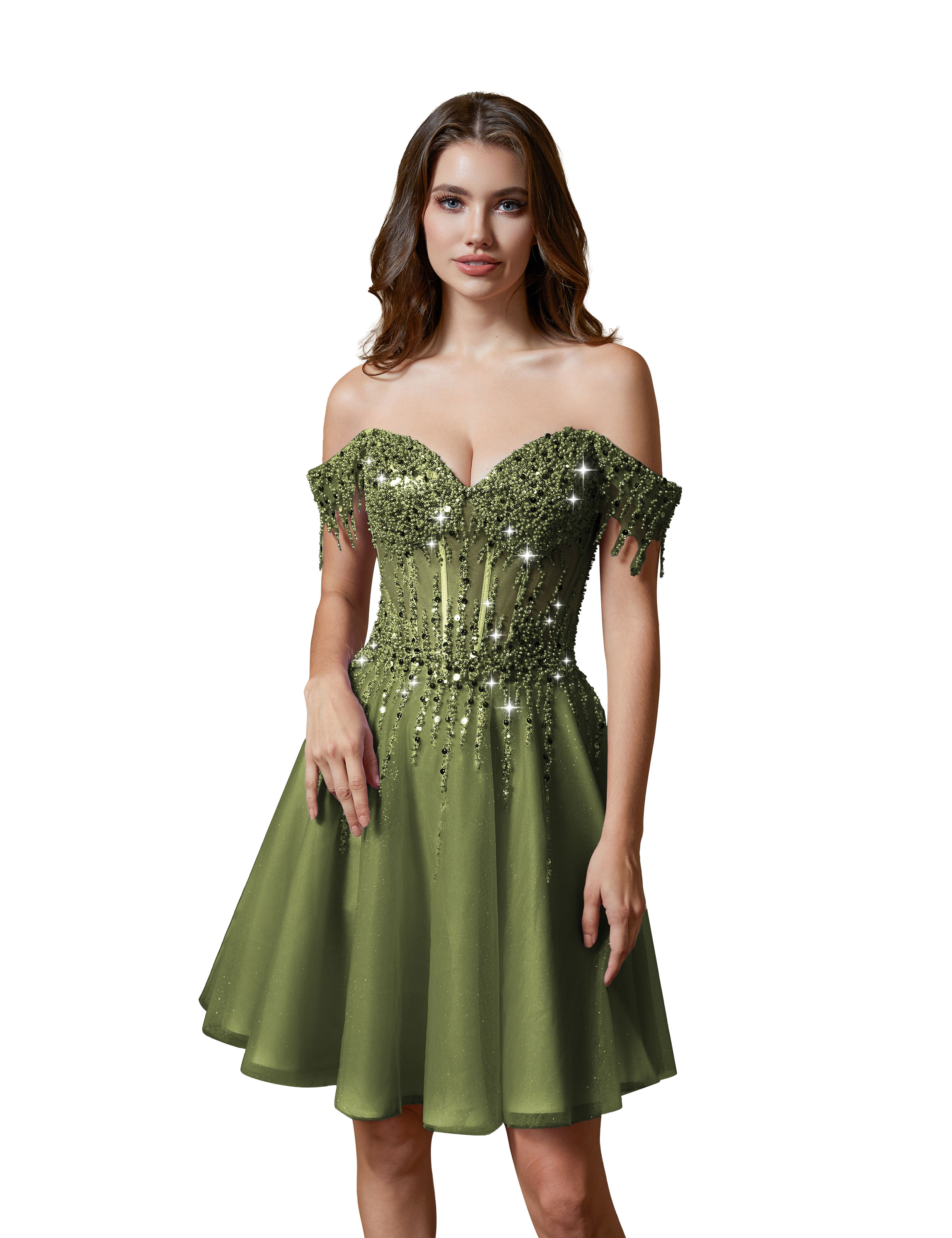 A-line Off Shoulder Lace Appliques Sparkly Sequin Tulle Homecoming Dress #HC2401169