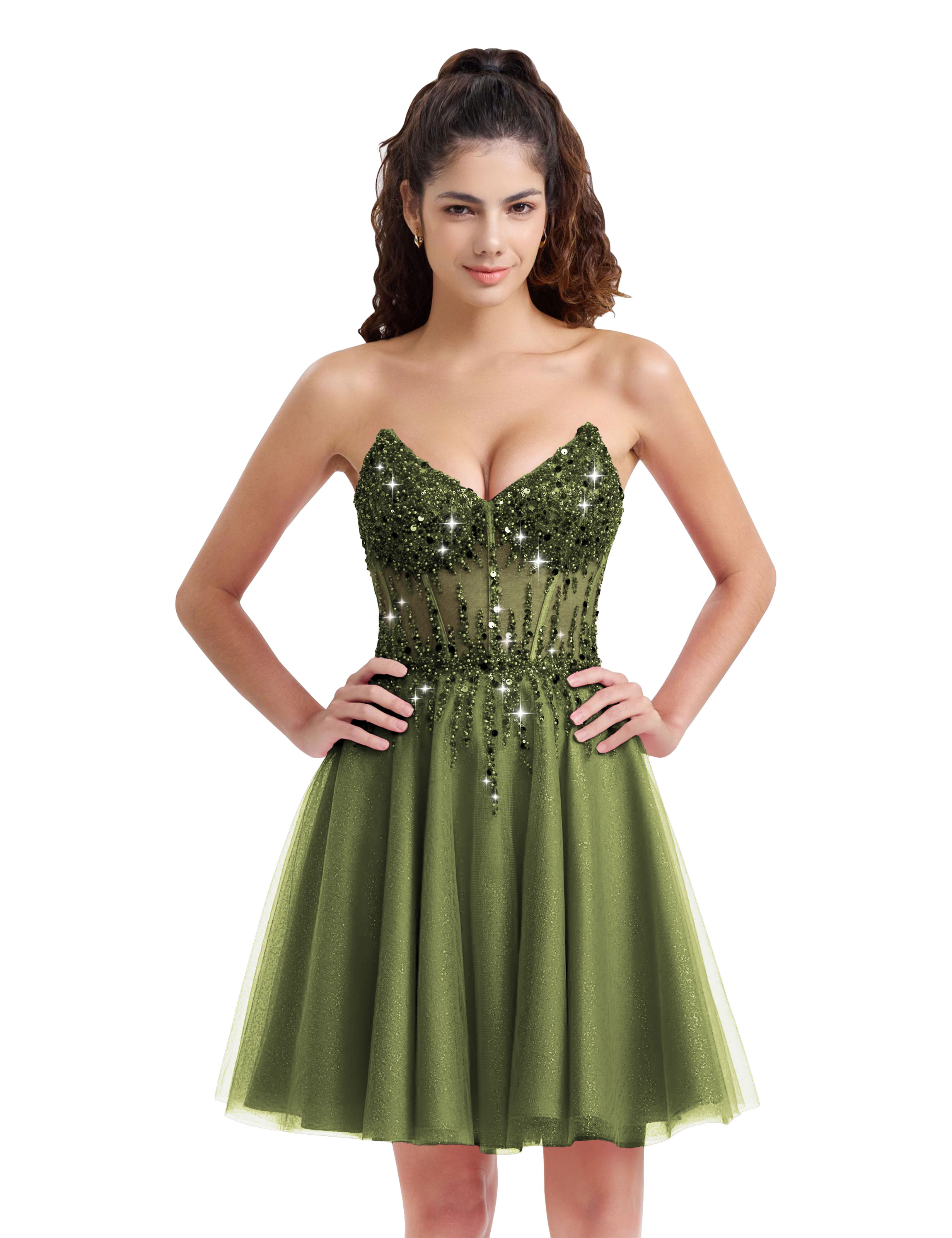 Sparkly A-line V-Neck Tulle Strapless Beaded Homecoming Dress #HC2402127