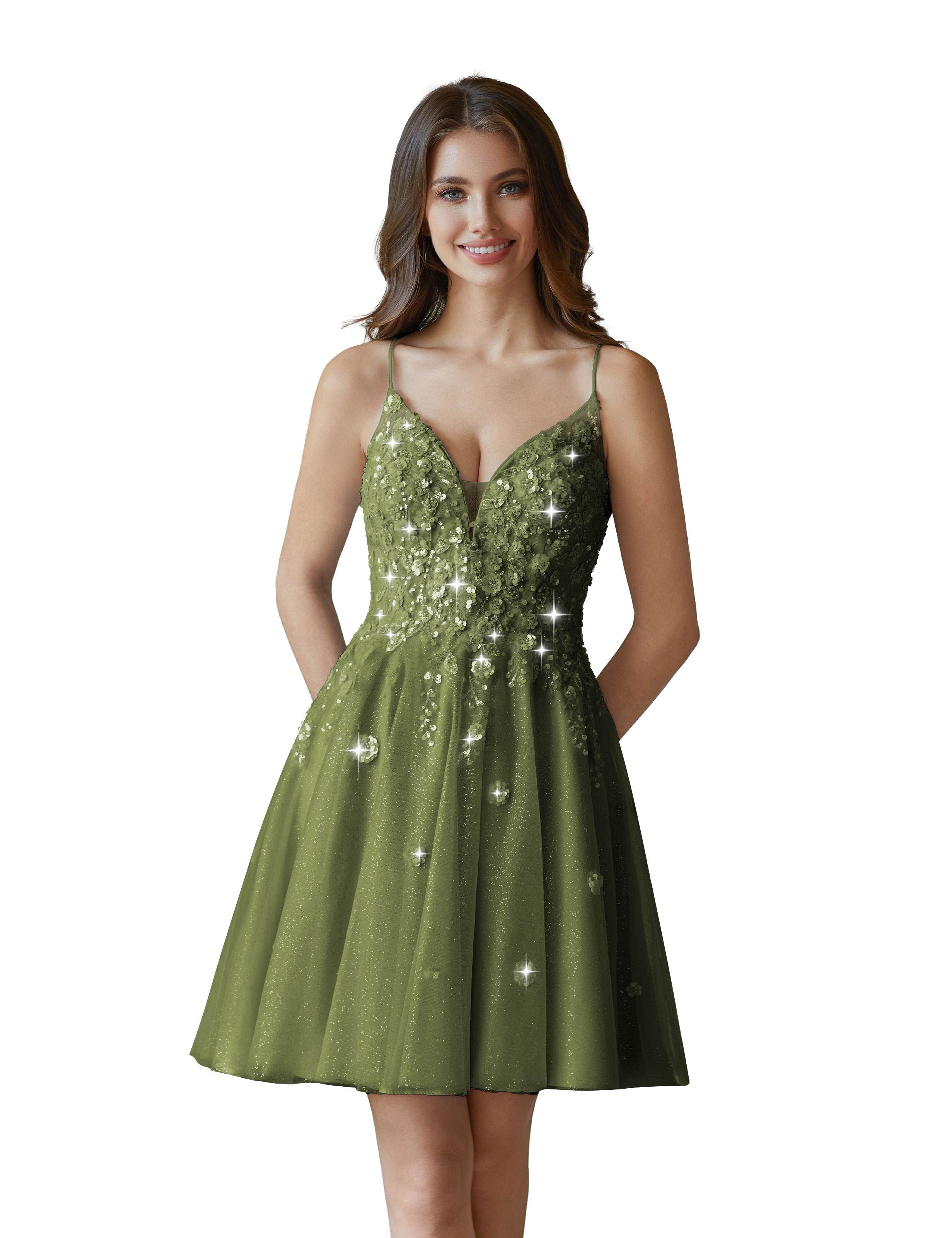 V-Neck Sspaghetti Strap Sparkly Lace Sequin Short Tulle Homecoming Dress #HC2604021