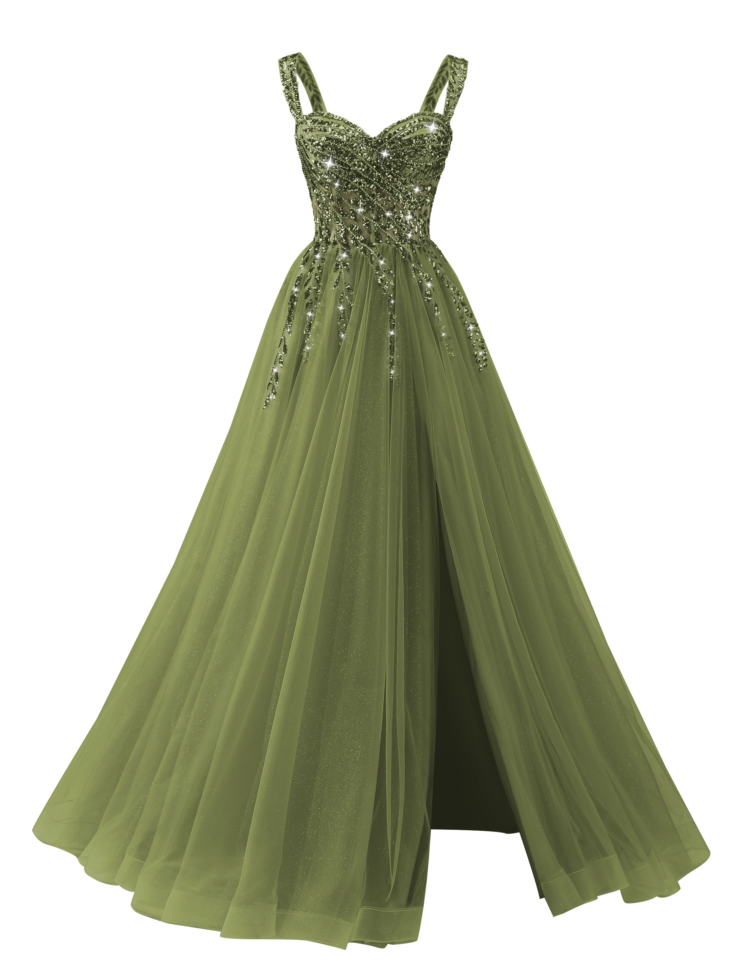 A-line Sweetheart Sparkly Tulle Sequins Beaded Slit Corset Prom Dress #PR2512071