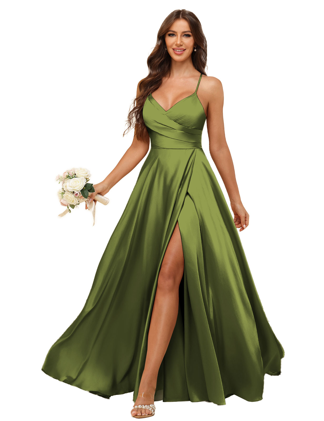 A-line V-neck Spaghetti Straps Satin Silt Bridesmaid Dress #BM2507218