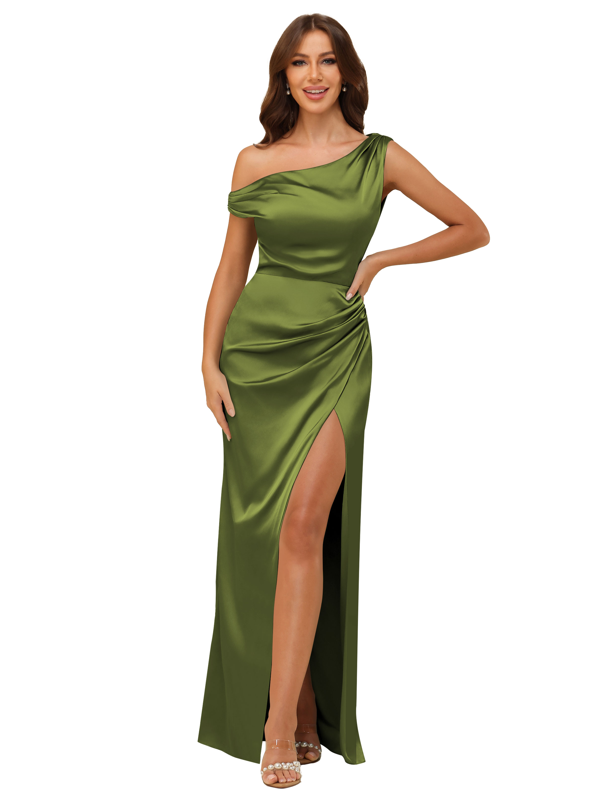 Sheath One Shoulder Satin Silt Side Zip Bridesmaid Dress #BM2507059
