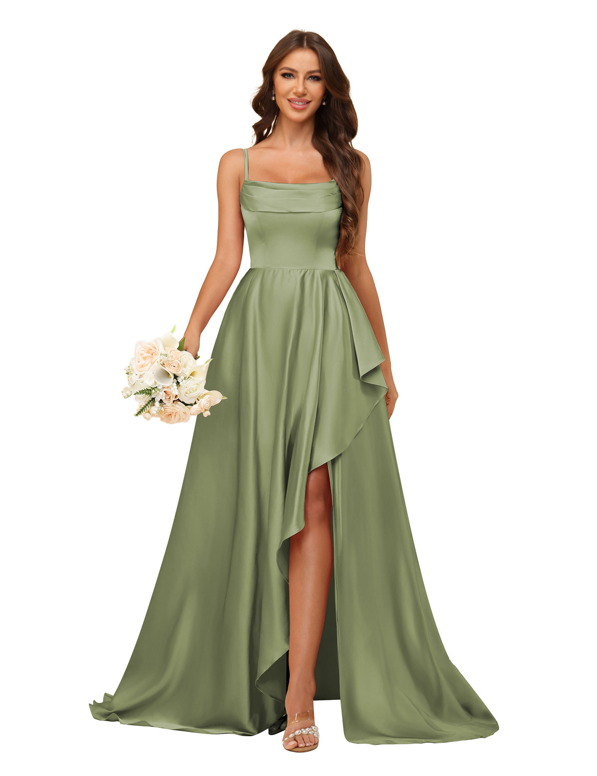 A-line U-neck Spaghetti Straps Satin Silt Bridesmaid Dress #BM2507213