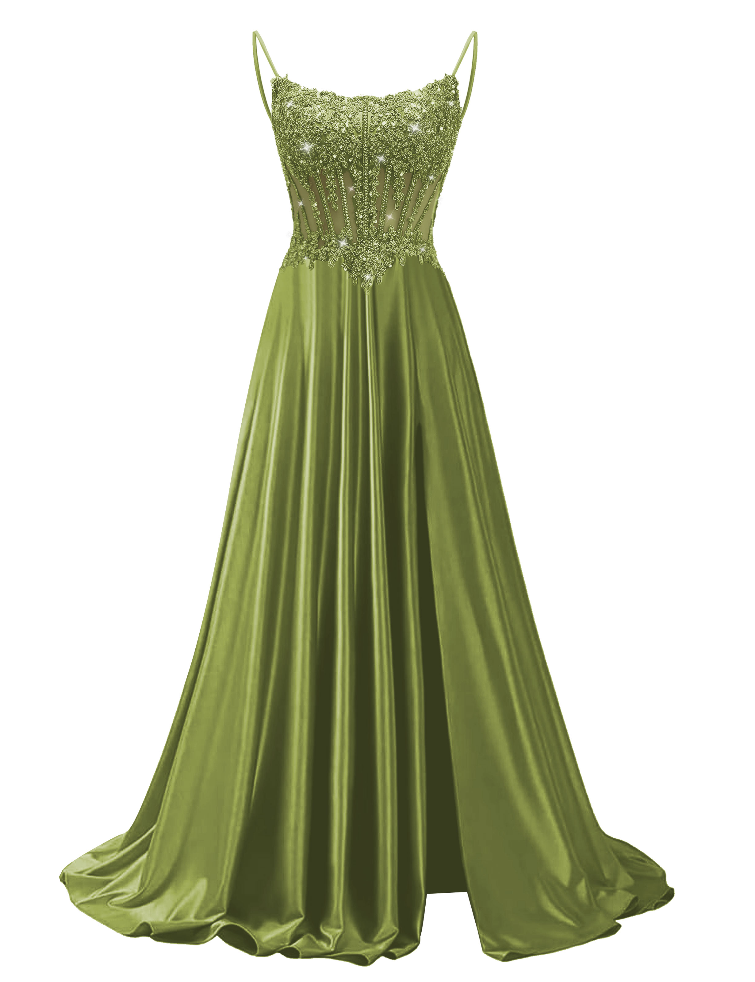 Mermaid Spaghetti Straps Satin Beaded Sequin Pleated Slit Prom Dress #PR2510011