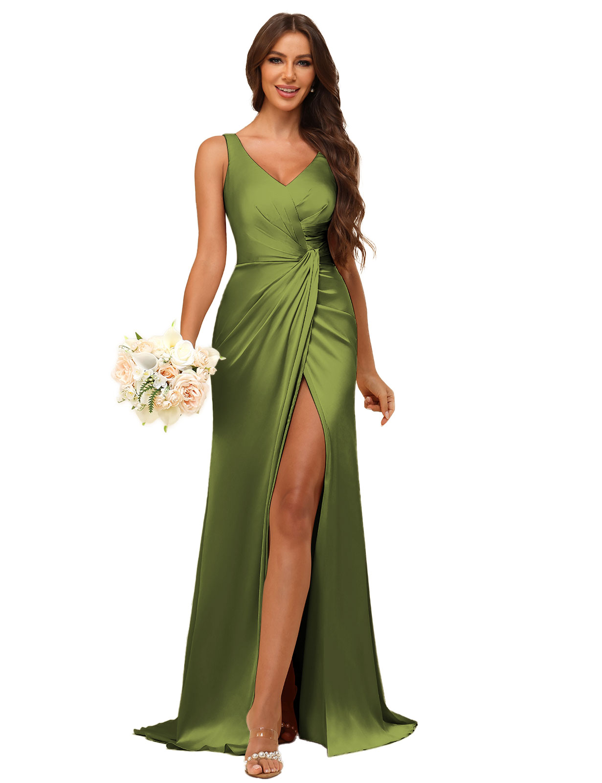 Mermaid V-neck Straps Satin Silt Bridesmaid Dress #BM2507144
