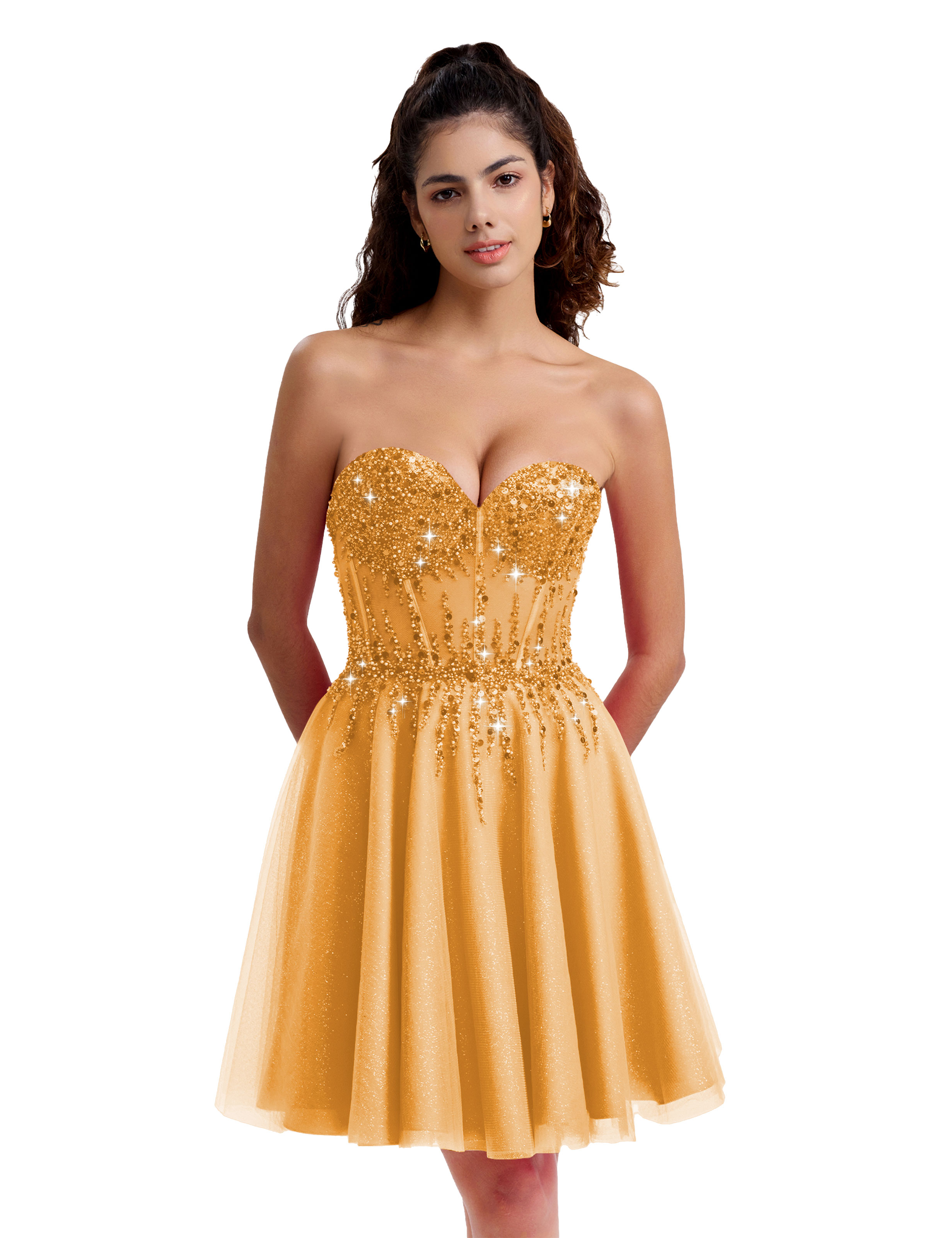 Sparkly A-line Sweetheart Tulle Beaded Party Homecoming Dress #HC2402135