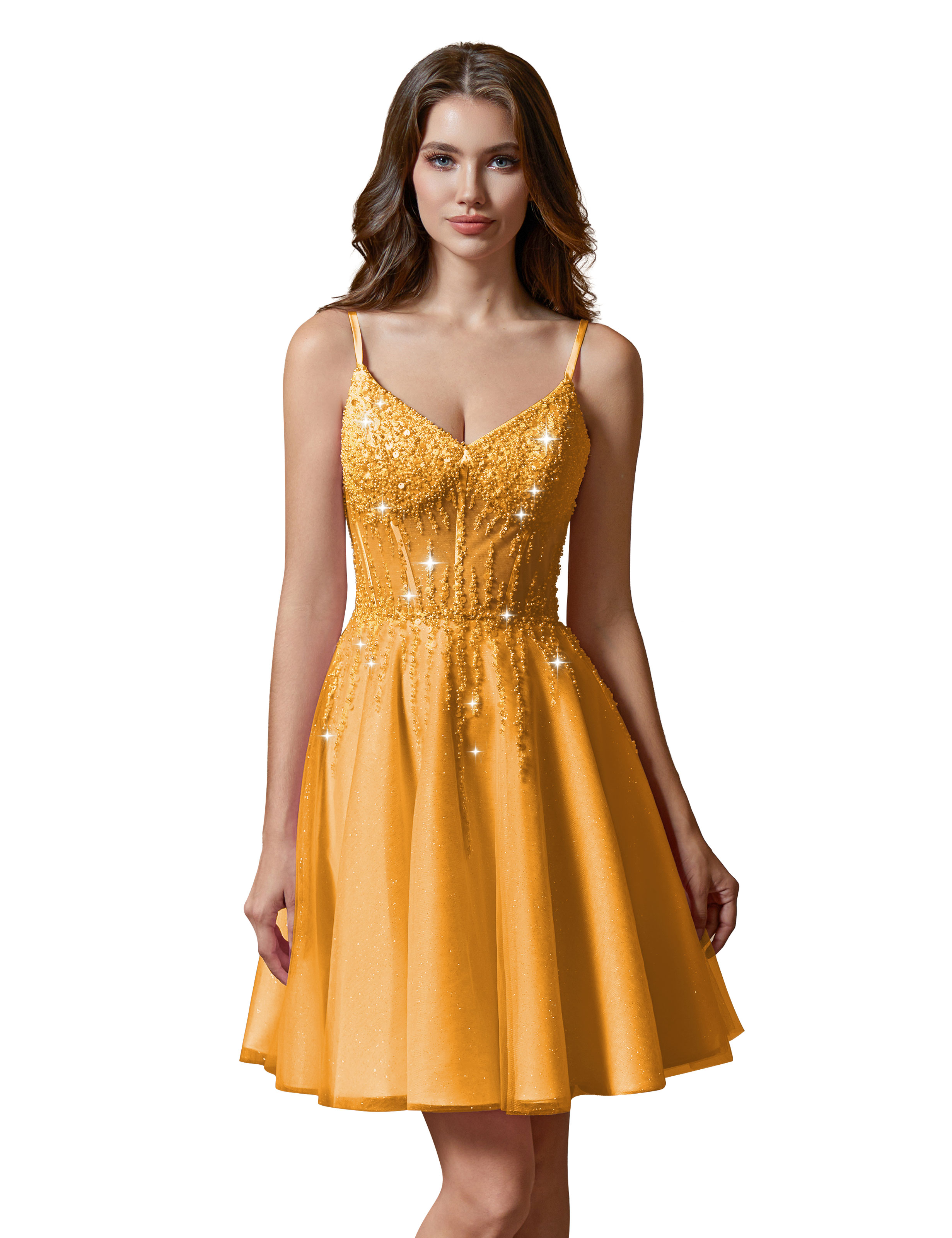 A-line V-Neck Sparkly Tulle Lace Appliques Homecoming Dress #HC2401738