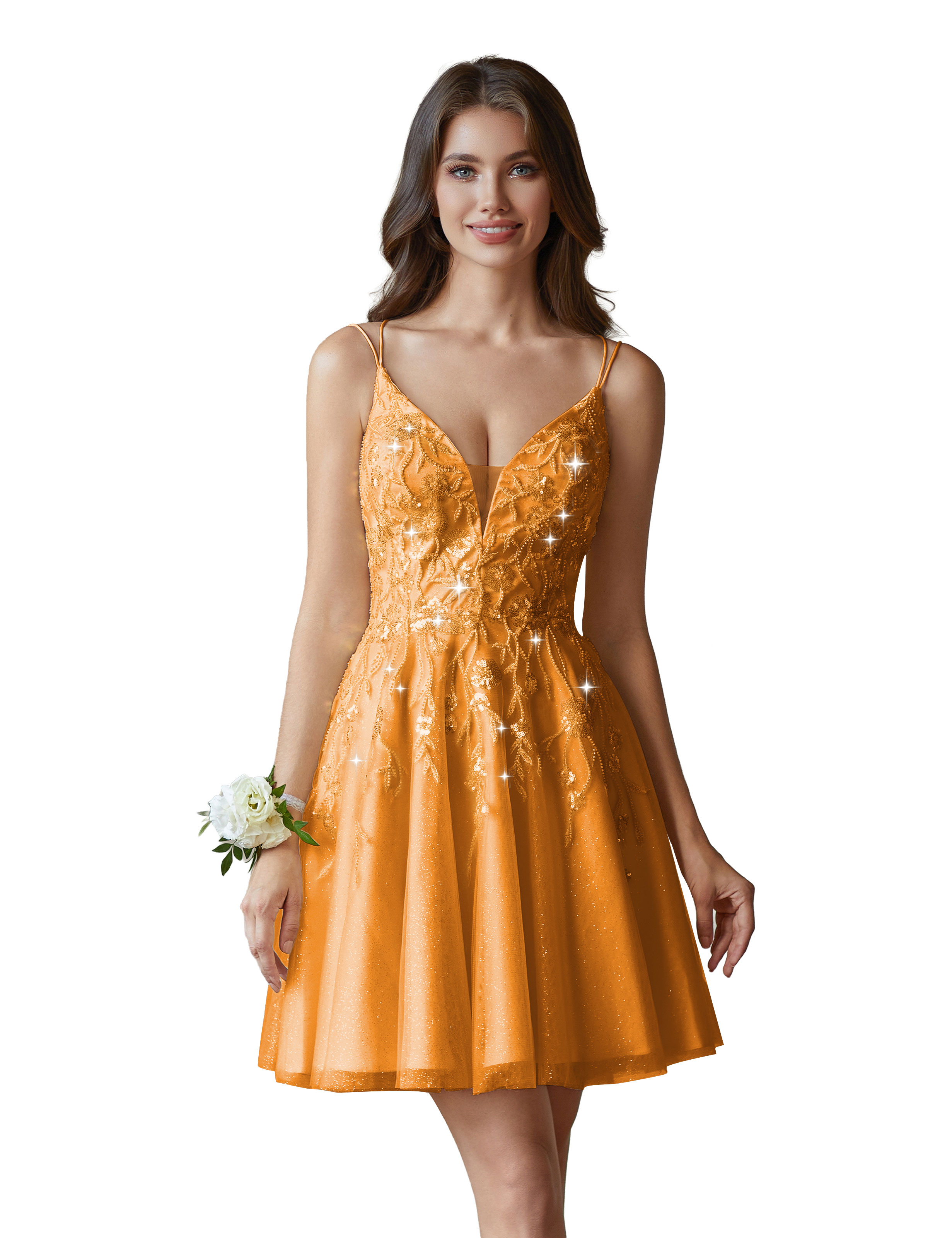 A-line V-Neck Tulle Beaded Lace Appliques Cocktail Homecoming Dress #HC2402602