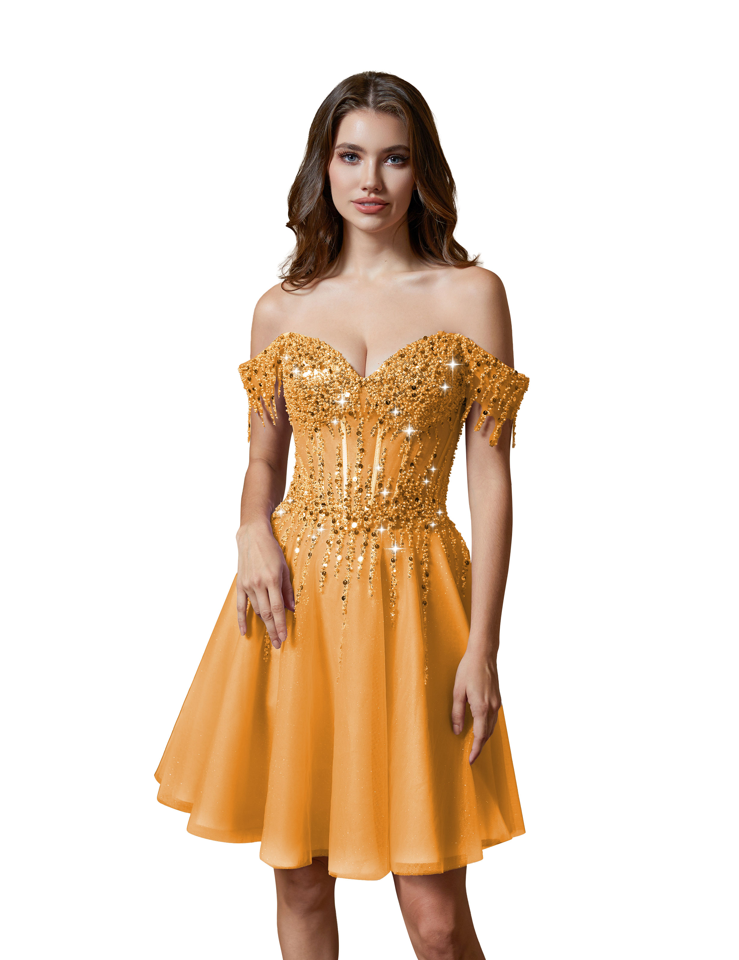 A-line Off Shoulder Lace Appliques Sparkly Sequin Tulle Homecoming Dress #HC2401169
