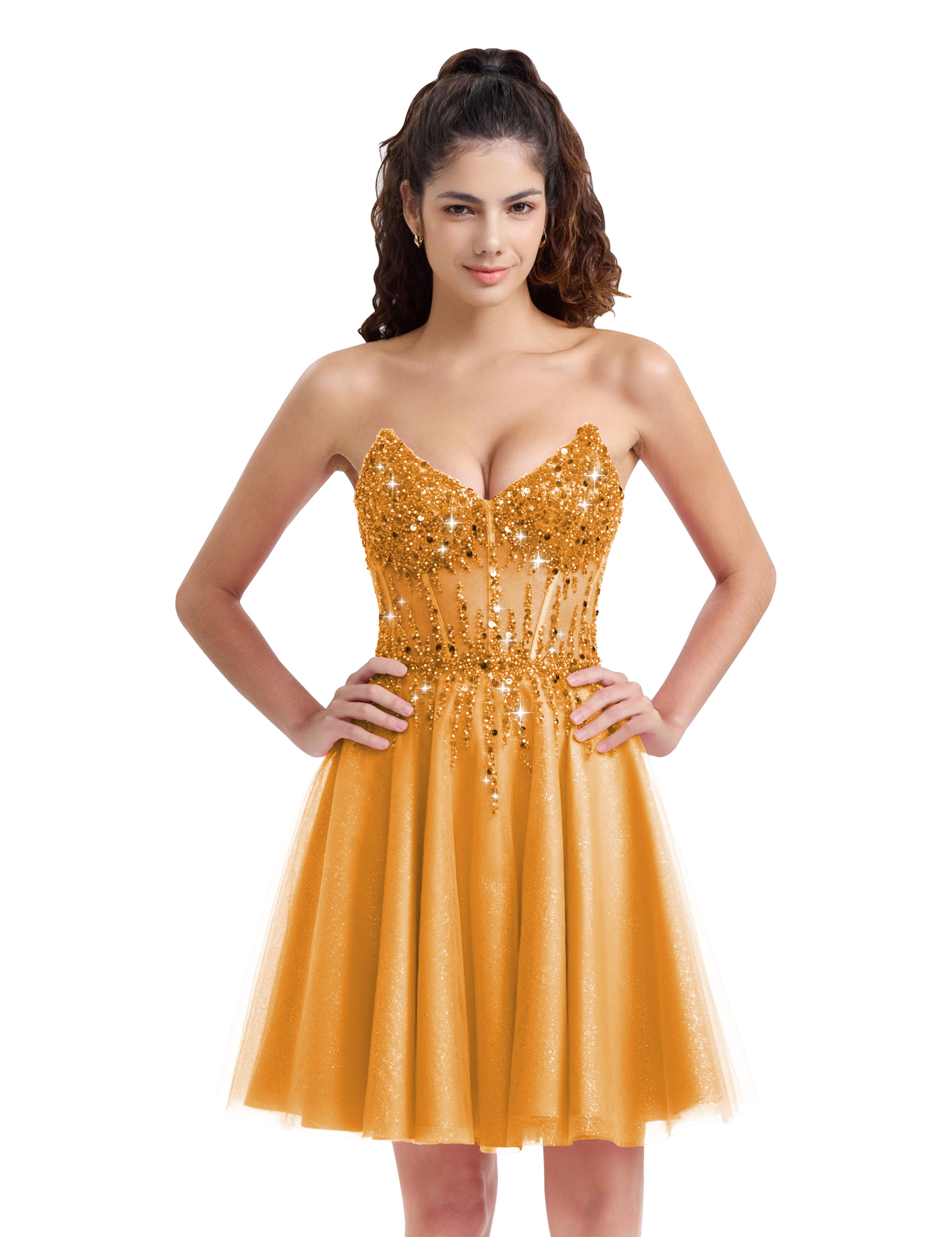 Sparkly A-line V-Neck Tulle Strapless Beaded Homecoming Dress #HC2402127