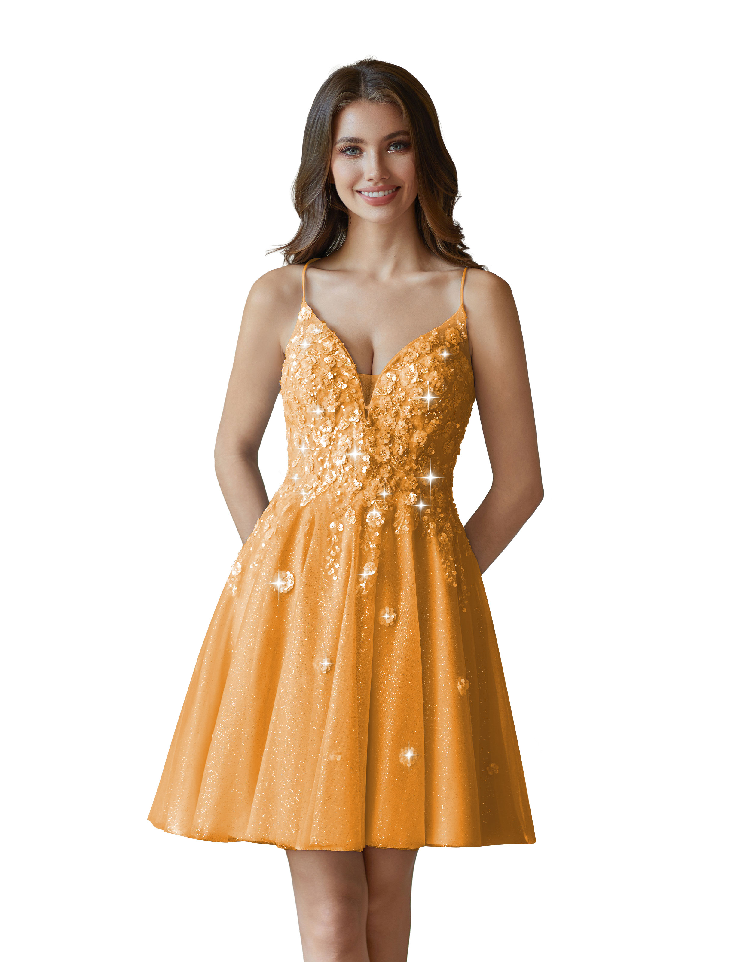 V-Neck Sspaghetti Strap Sparkly Lace Sequin Short Tulle Homecoming Dress #HC2604021