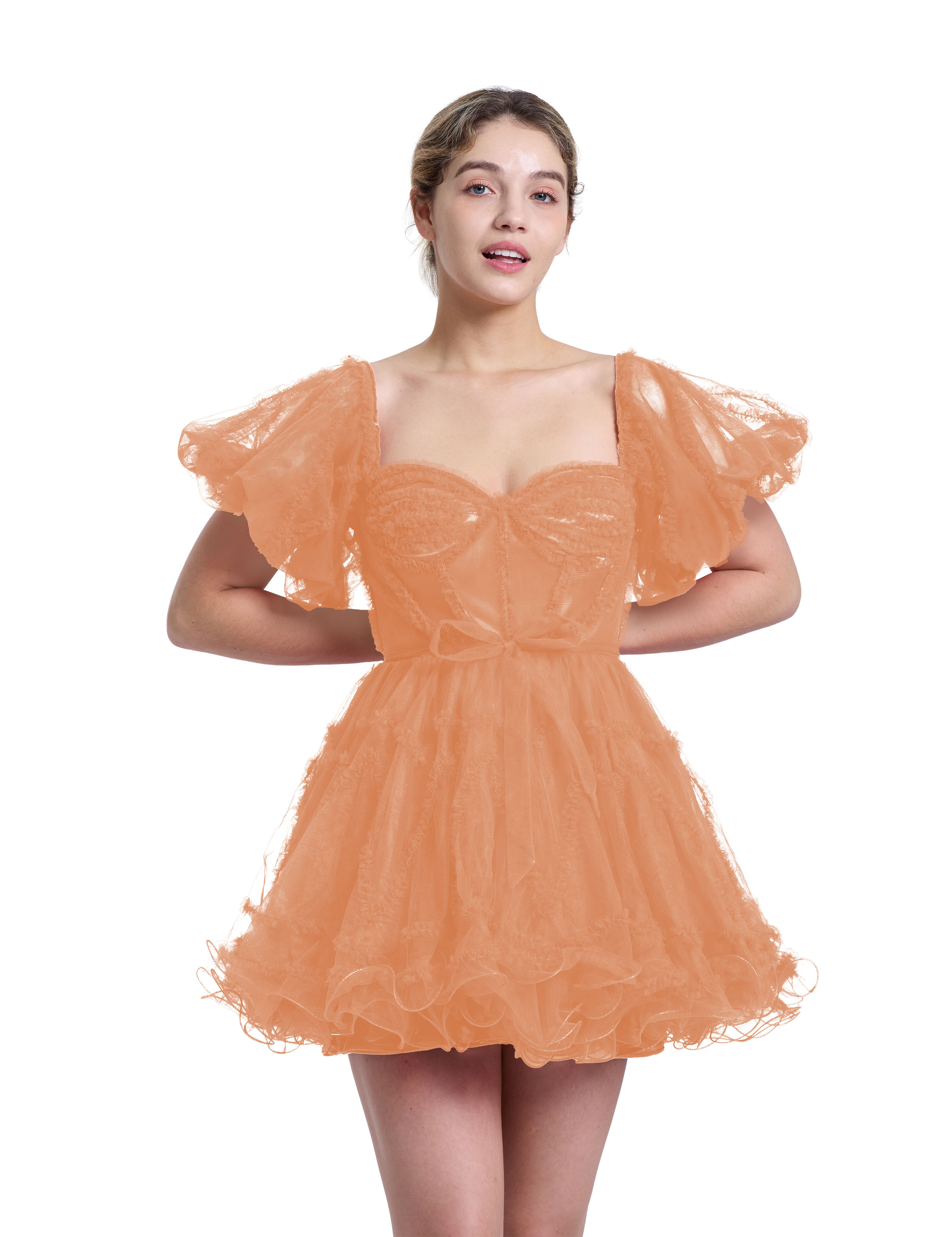 A-line Sweetheart Ruffles Tulle Puffy Sleeves Red Homecoming Dress #HC2401317