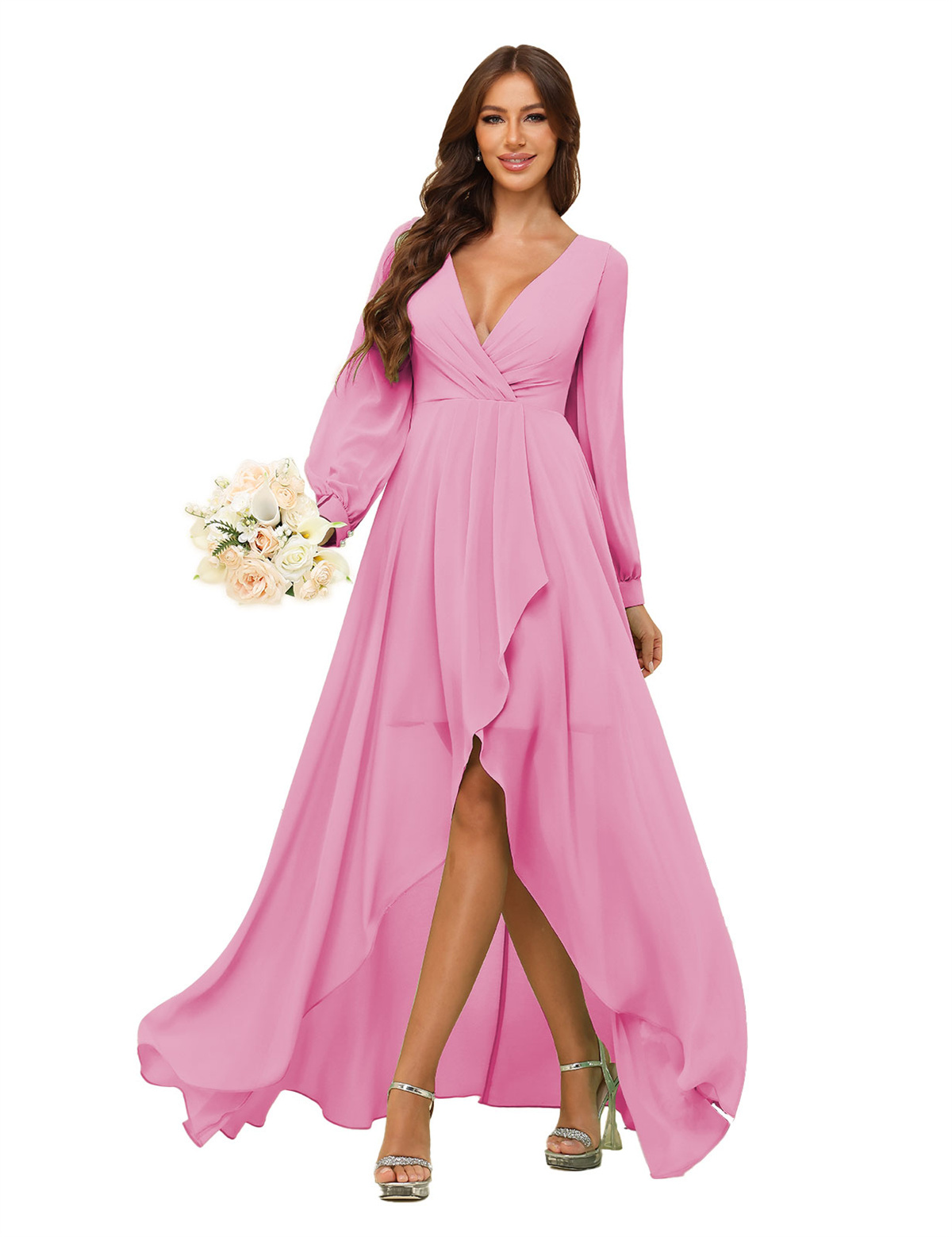 A-line Deep V-neck Chiffon Long Sleeves Bridesmaid Dress #BM2507136