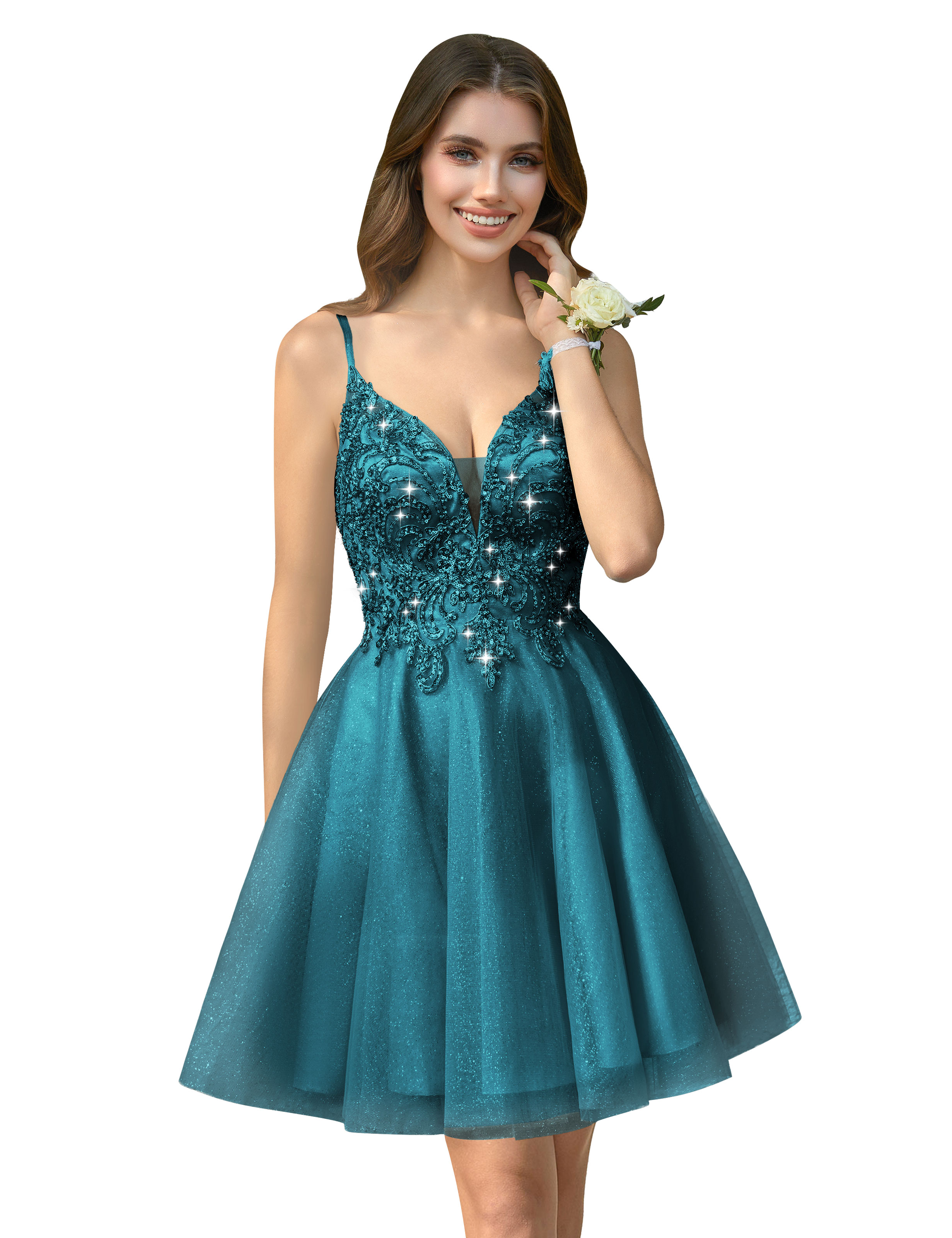 A-line V-neck Spaghetti Strap Sparkly Beaded Tulle Homecoming Dress #HC2401940