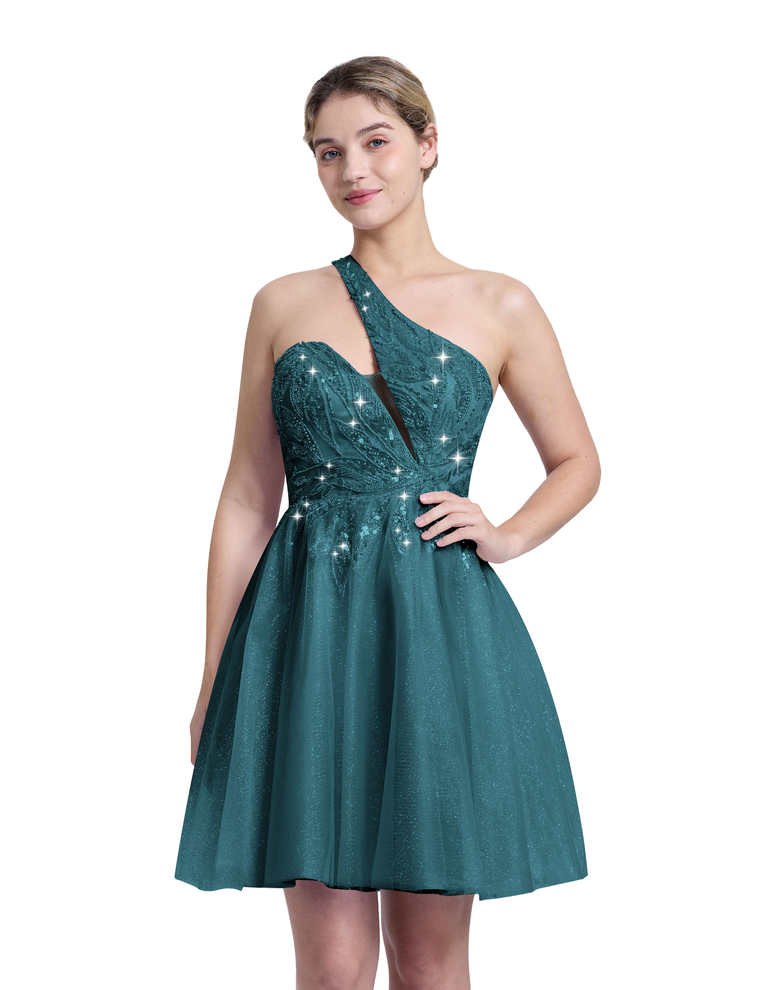 A-line One Shoulder Sequin Lace Beaded Cocktail Party Homecoming Dress #HC2604029