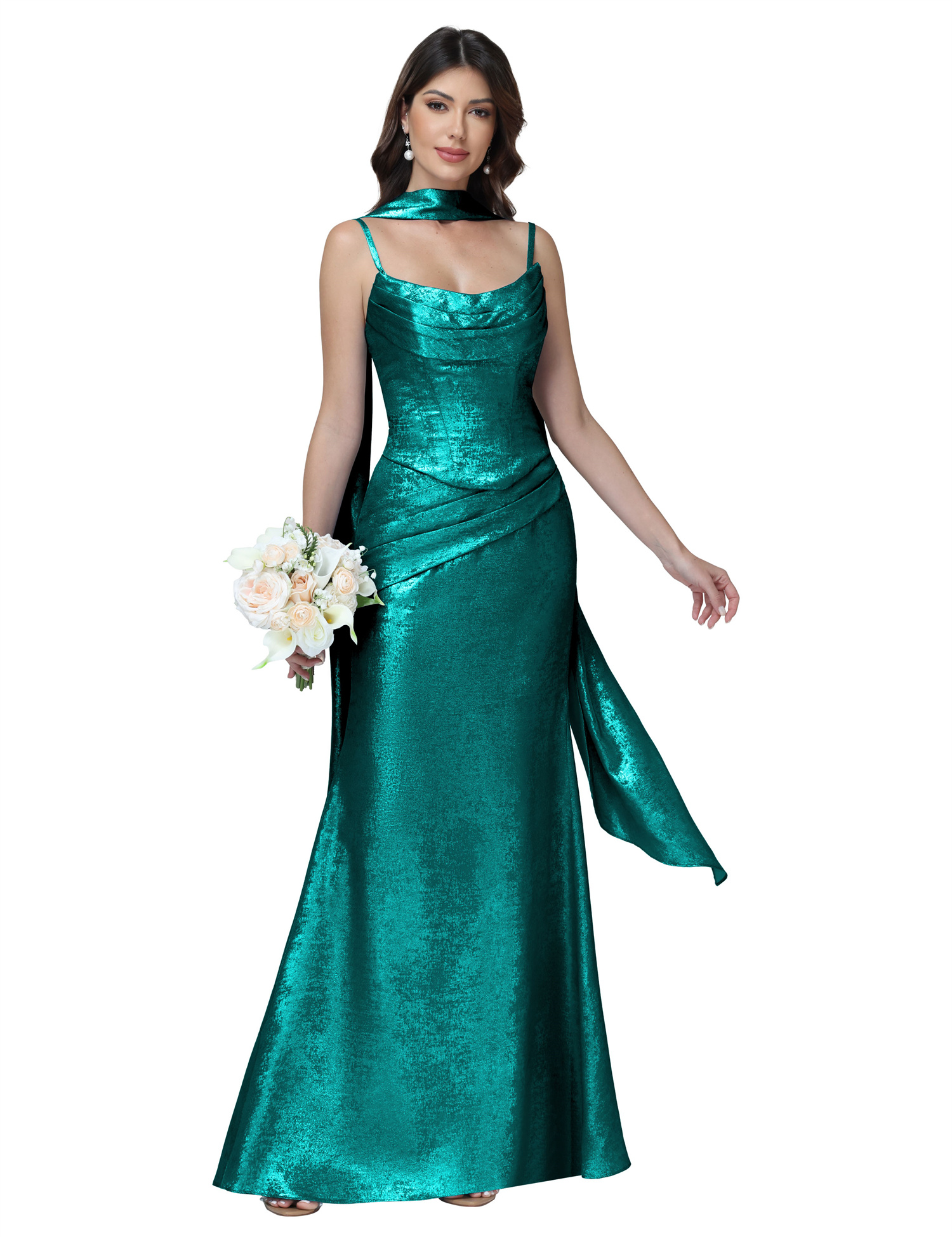 Mermaid Spaghttei Straps Prom Dress 2 Pieces Bridesmaid Dress with Scarf #BM2512054