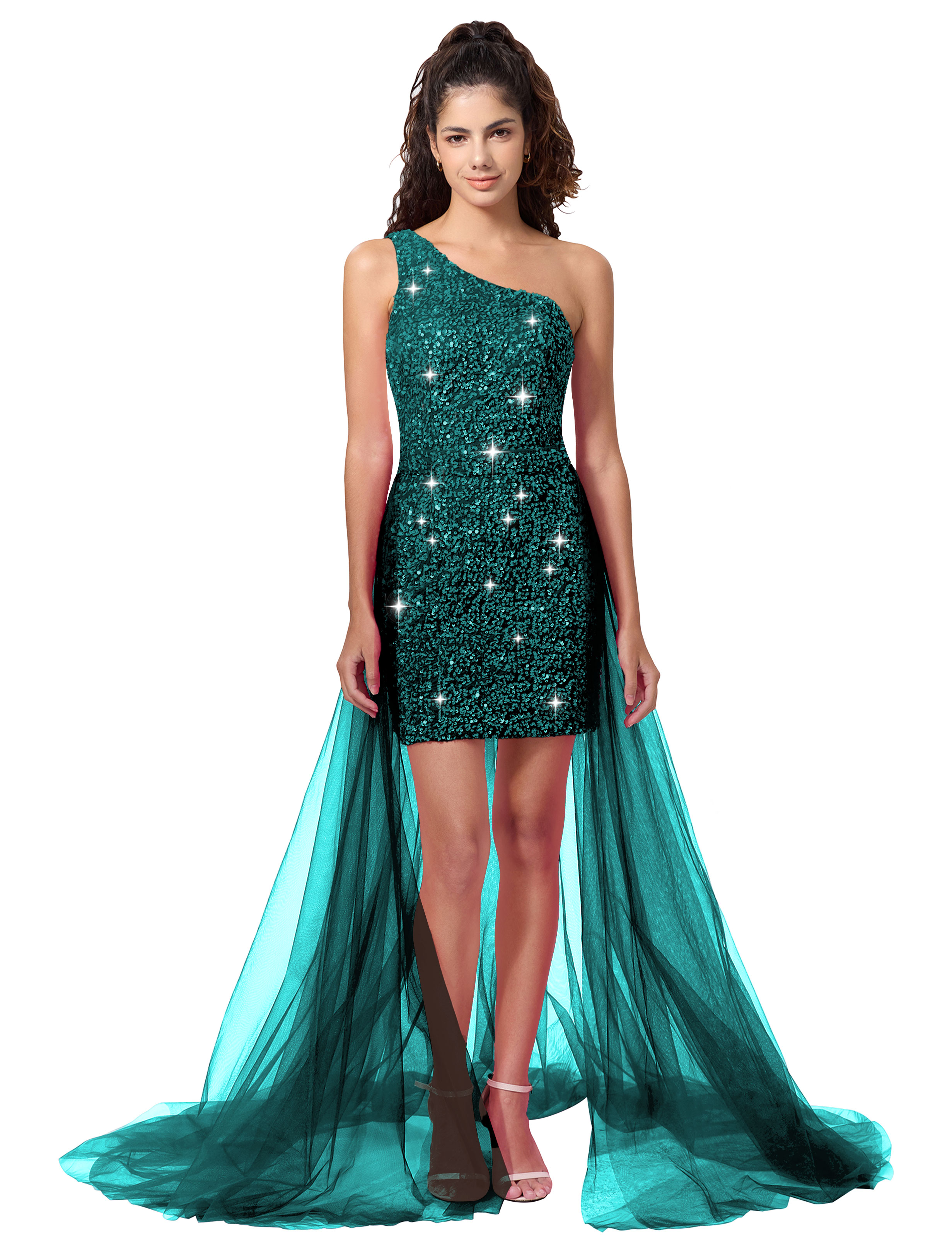 Sparkly One Shoulder Sequin Detachable Waist Cape Homecoming Dress #HC2402126