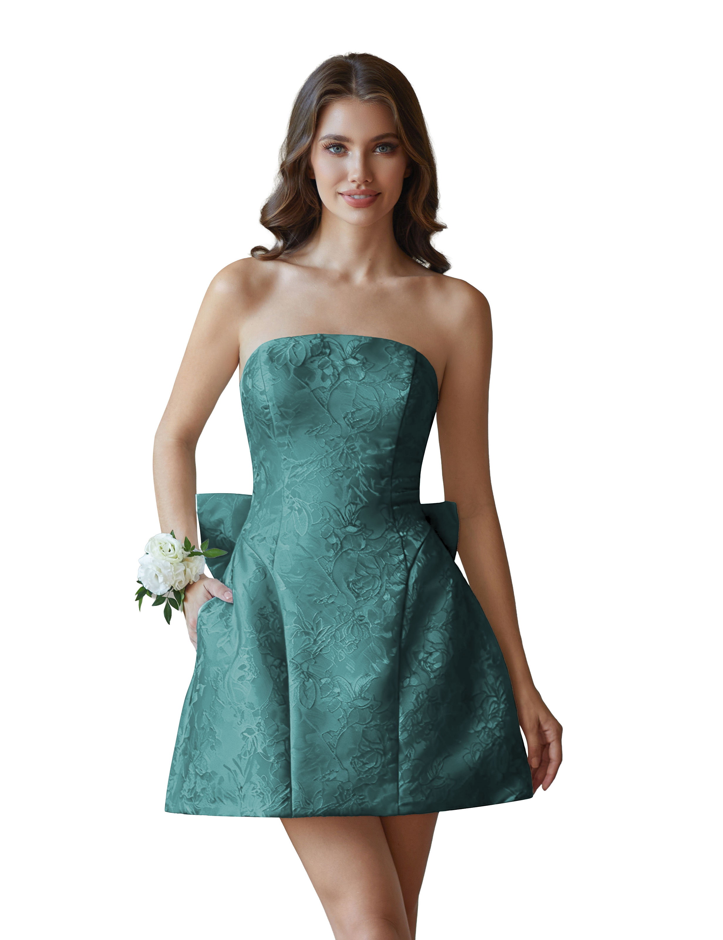 Jacquard Satin Mini Short Party Cocktail Prom Homecoming Dress with Bow Back #HC2401770