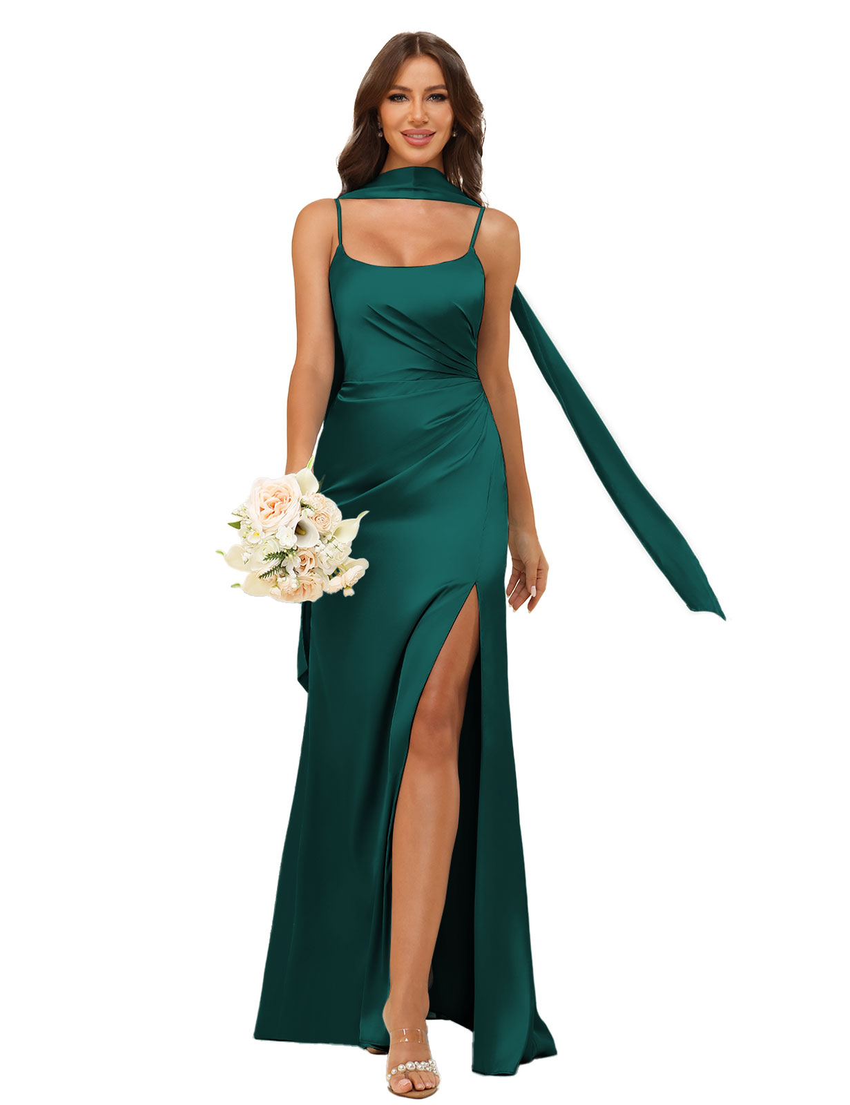 Mermaid U-neck Spaghetti Straps Satin Silt Bridesmaid Dress #BM2507145