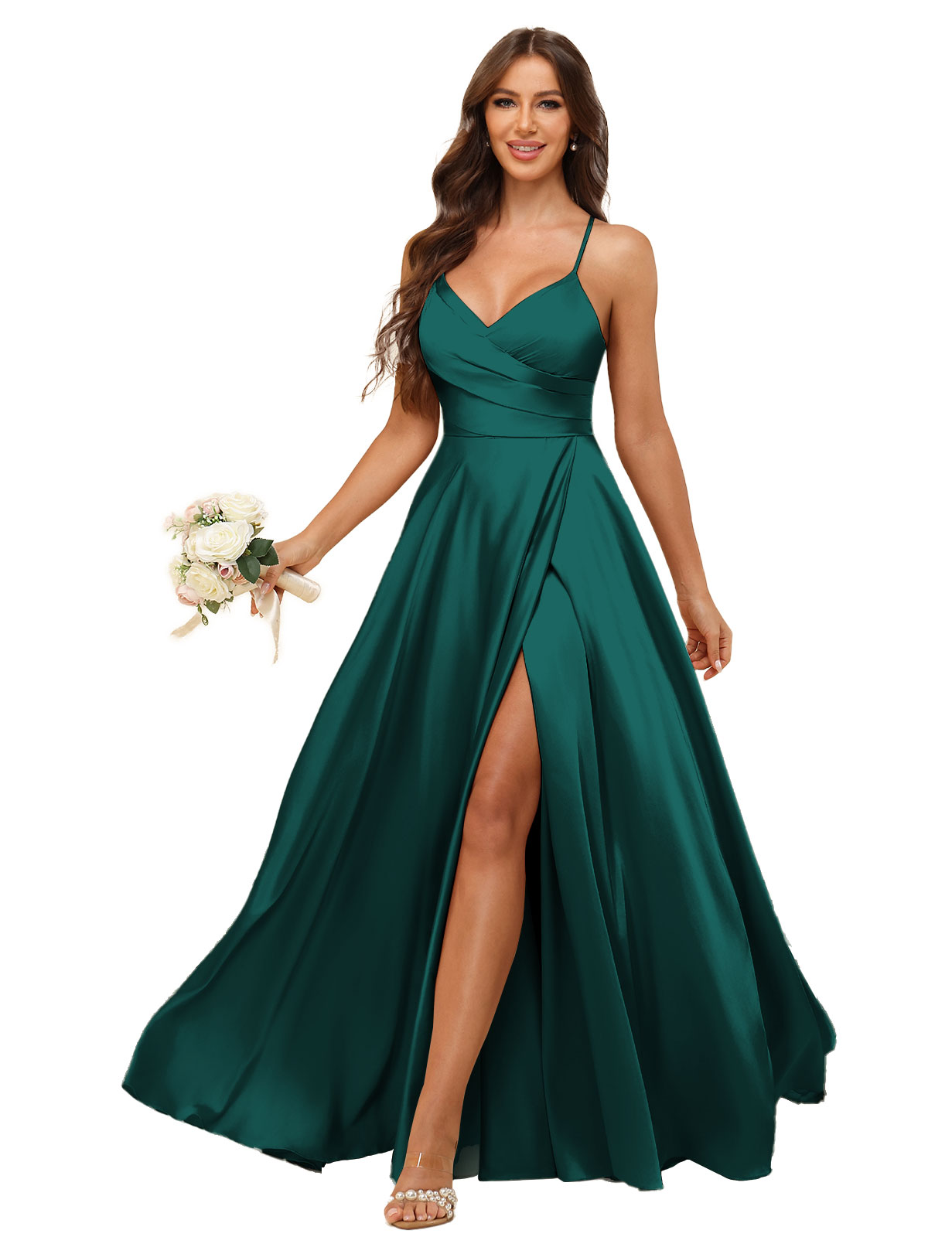 A-line V-neck Spaghetti Straps Satin Silt Bridesmaid Dress #BM2507218