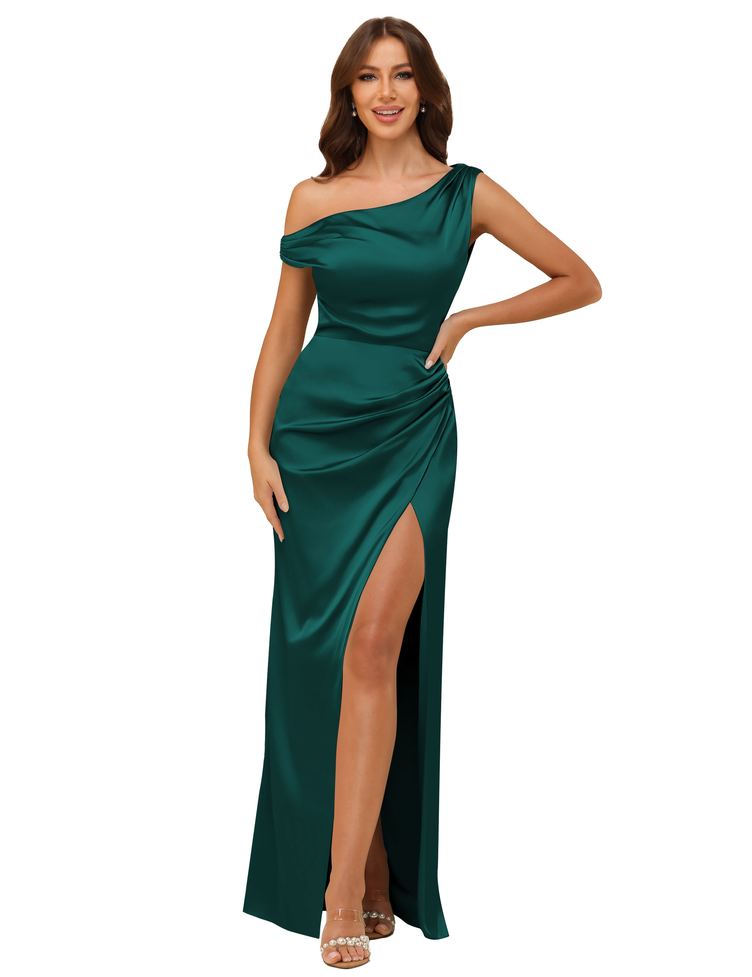 Sheath One Shoulder Satin Silt Side Zip Bridesmaid Dress #BM2507059