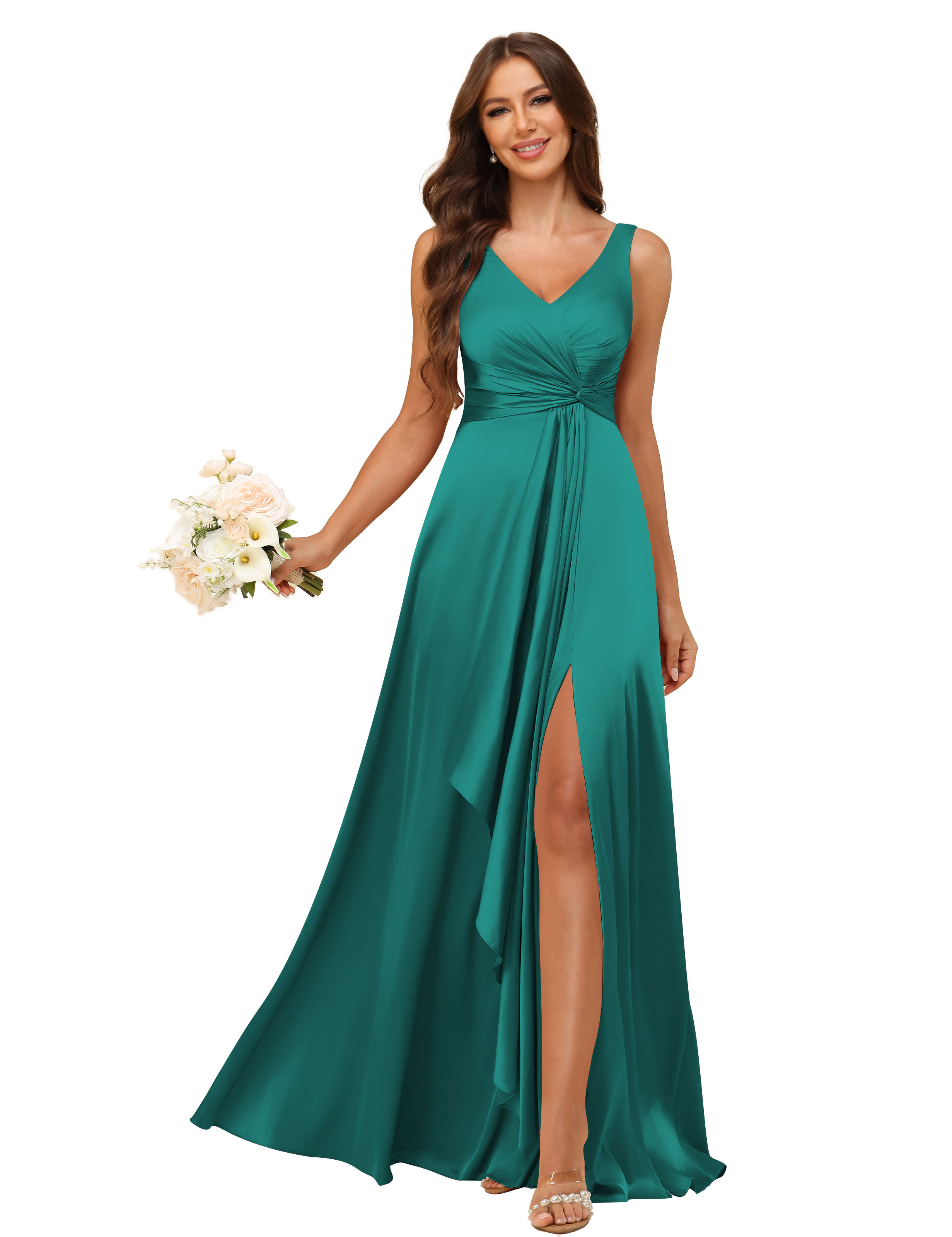 A-line V-neck Straps Satin Silt Lace Up Bridesmaid Dress #BM2507147