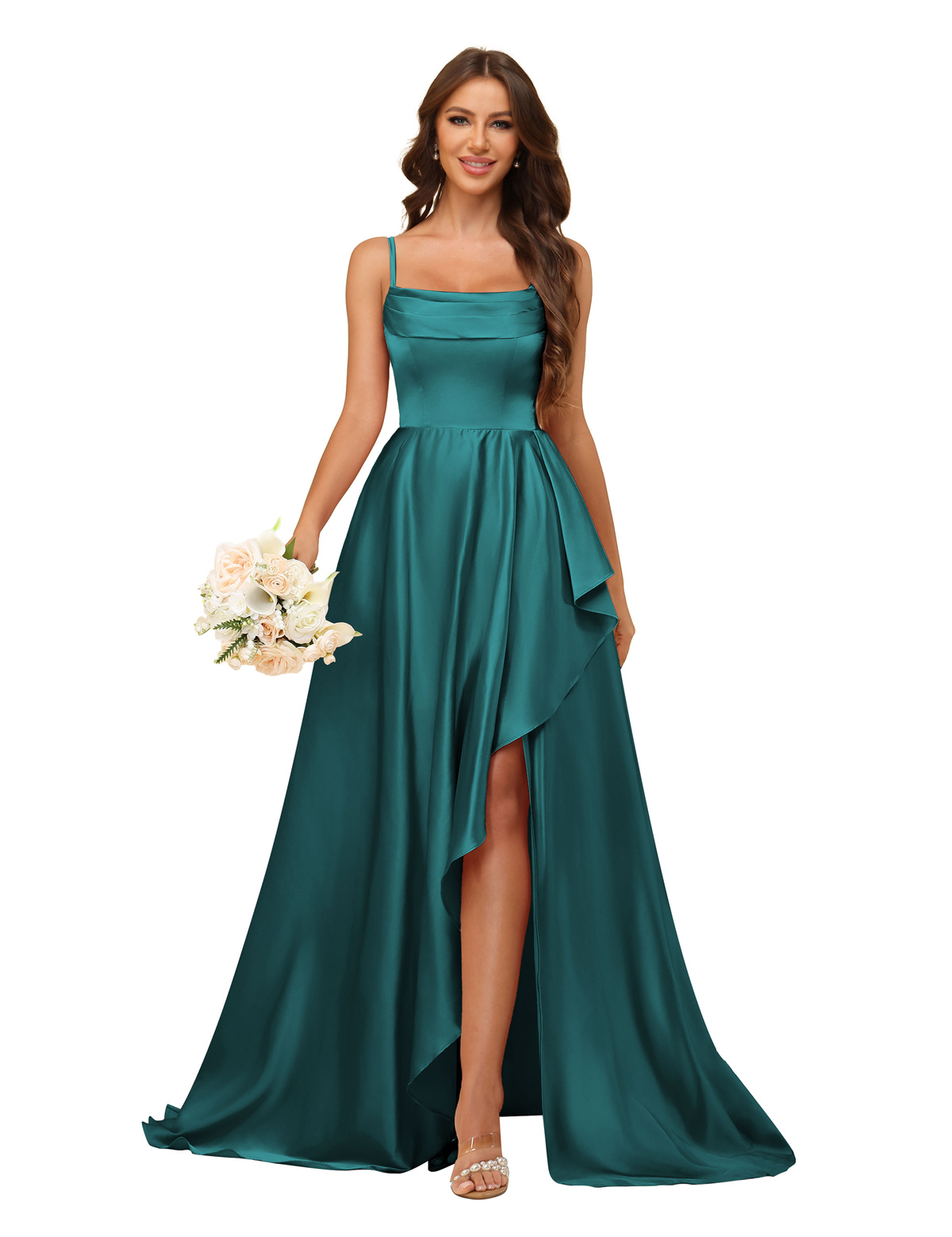A-line U-neck Spaghetti Straps Satin Silt Bridesmaid Dress #BM2507213