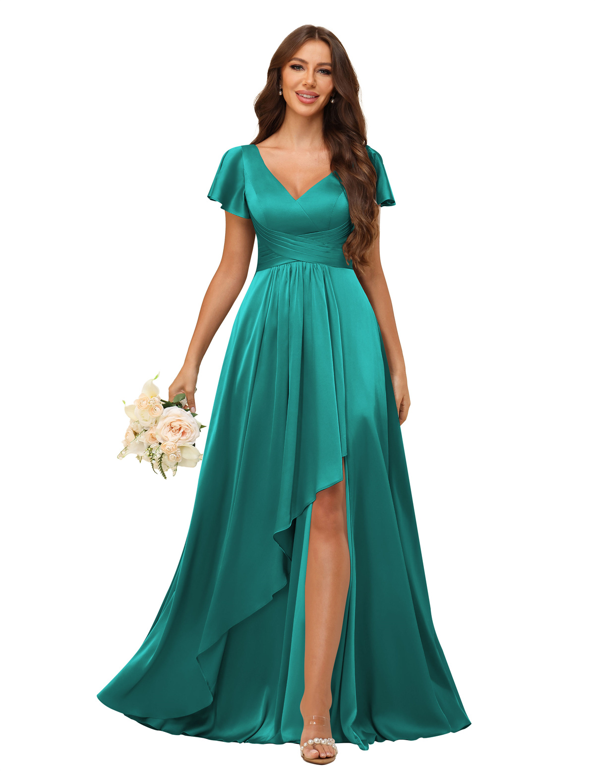 A-line V-neck Short Sleeves Satin Silt Bridesmaid Dress #BM2508022