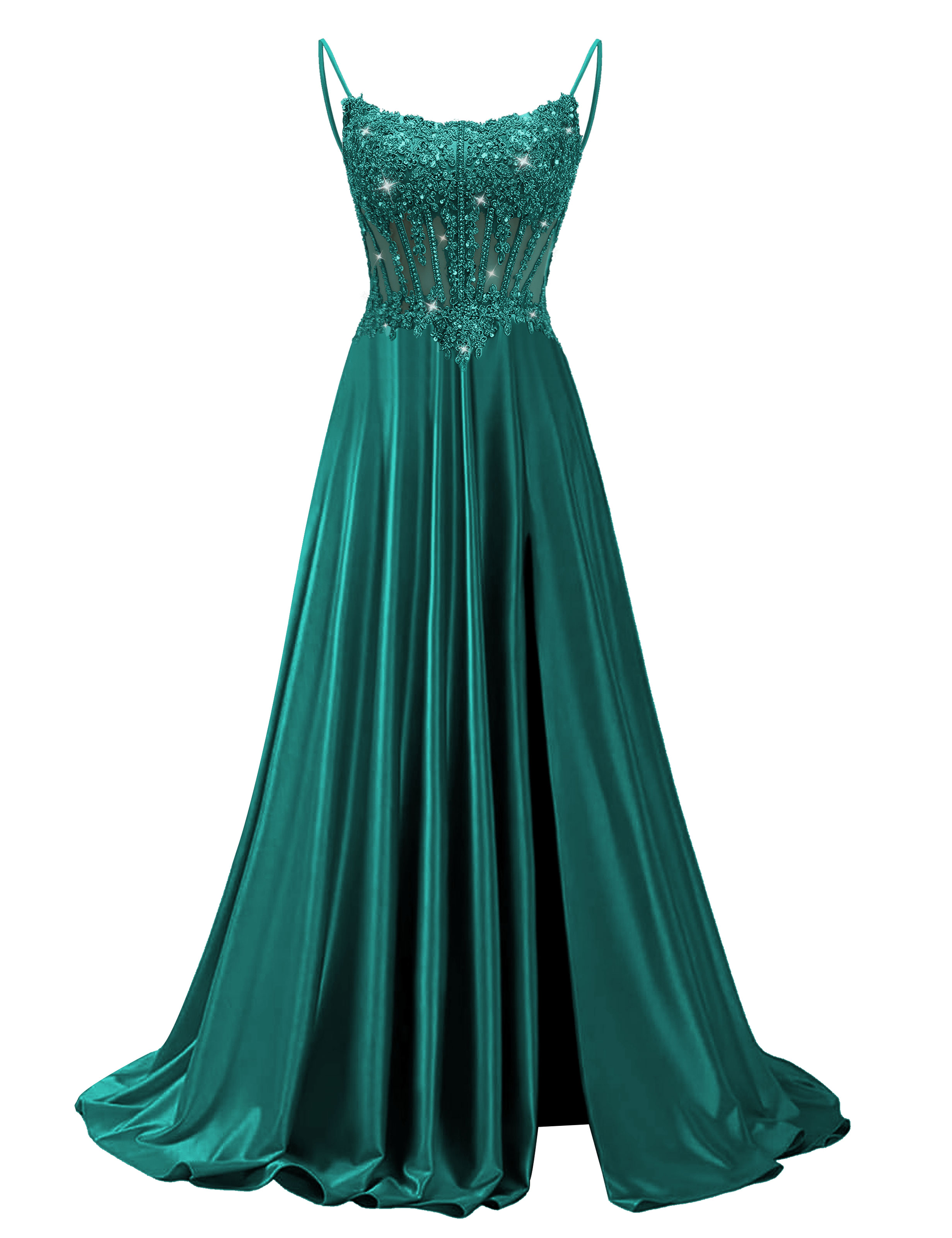 Mermaid Spaghetti Straps Satin Beaded Sequin Pleated Slit Prom Dress #PR2510011