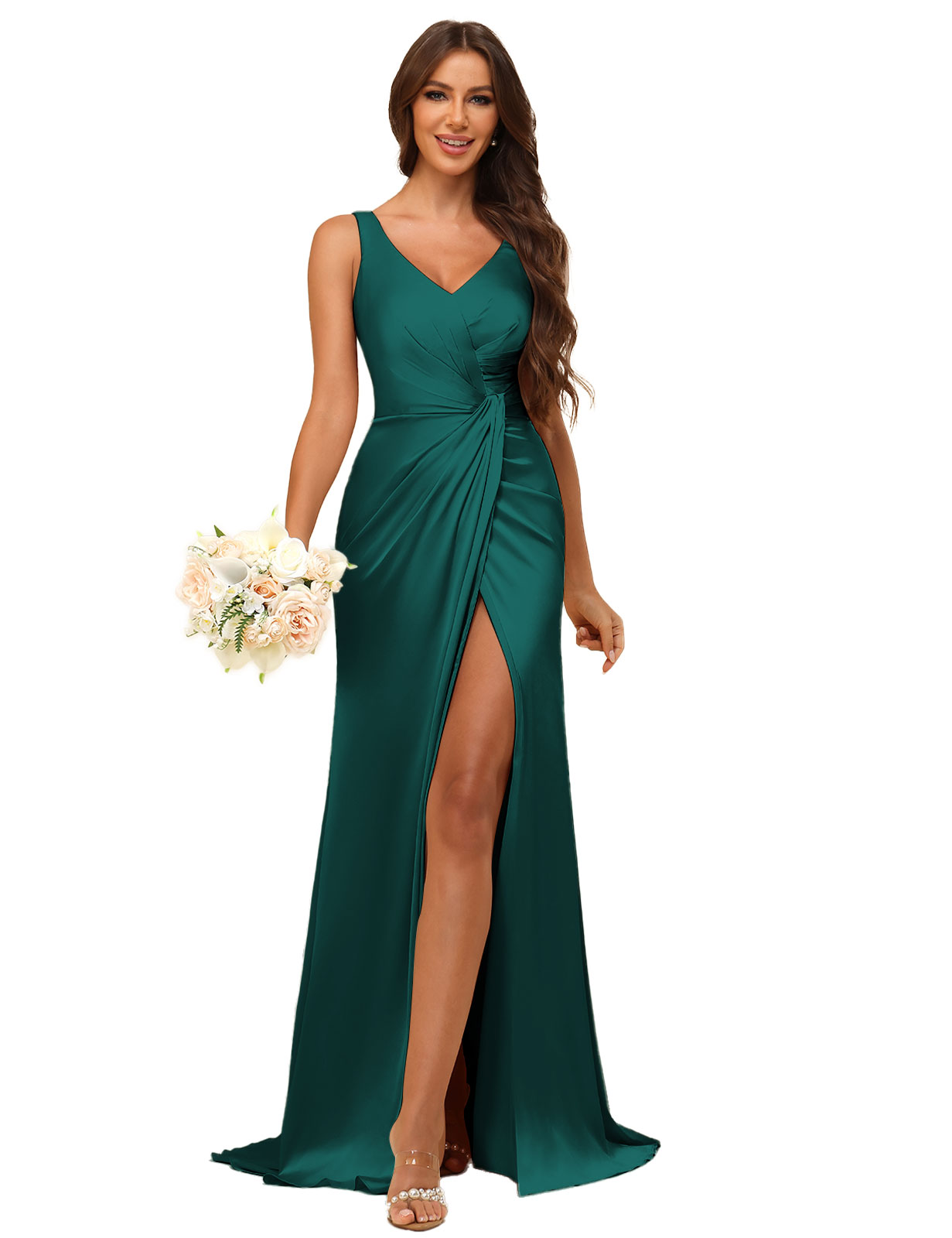 Mermaid V-neck Straps Satin Silt Bridesmaid Dress #BM2507144