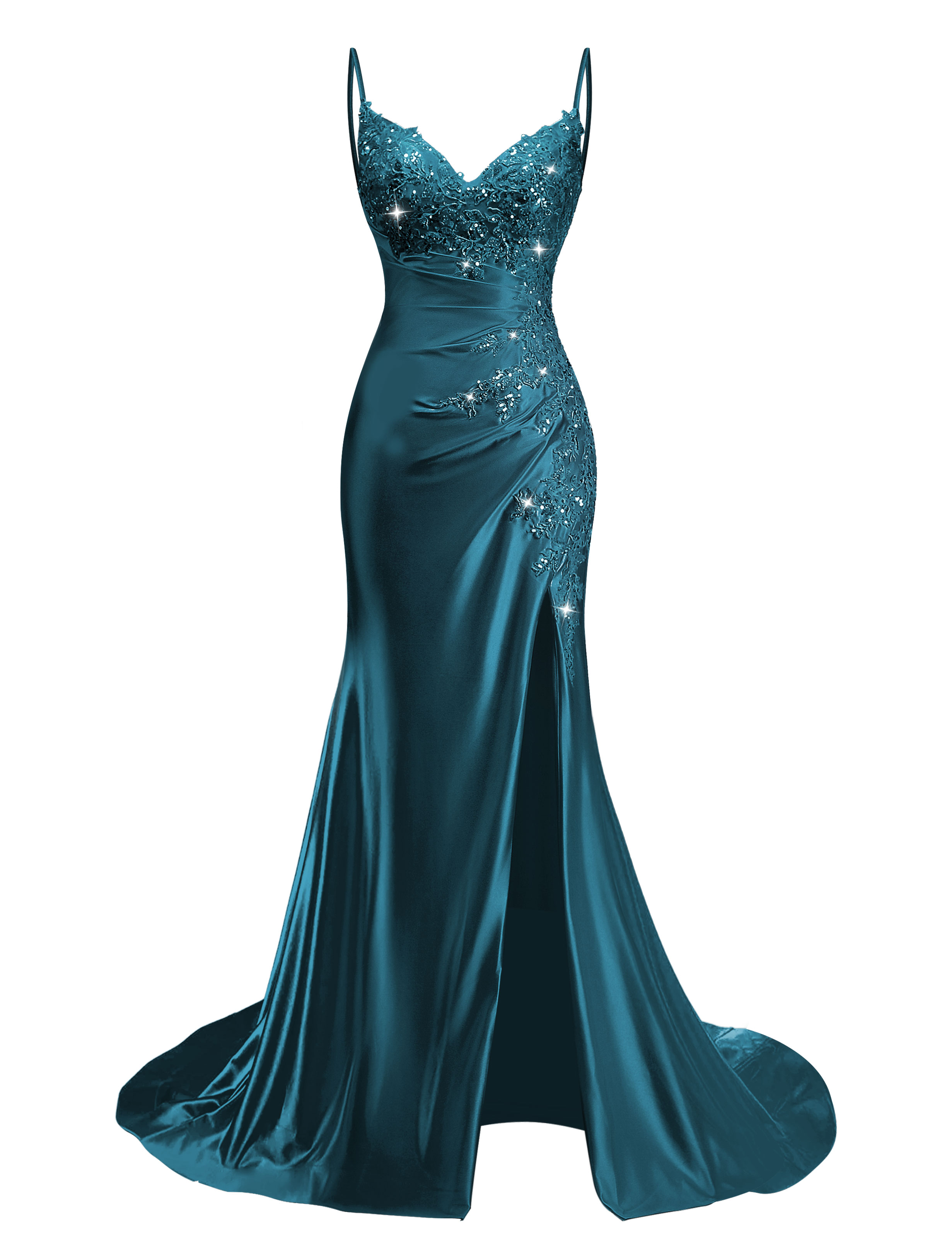 Mermaid V-neck Spaghetti Straps Beaded Lace Appliques Prom Dress #PR2510012