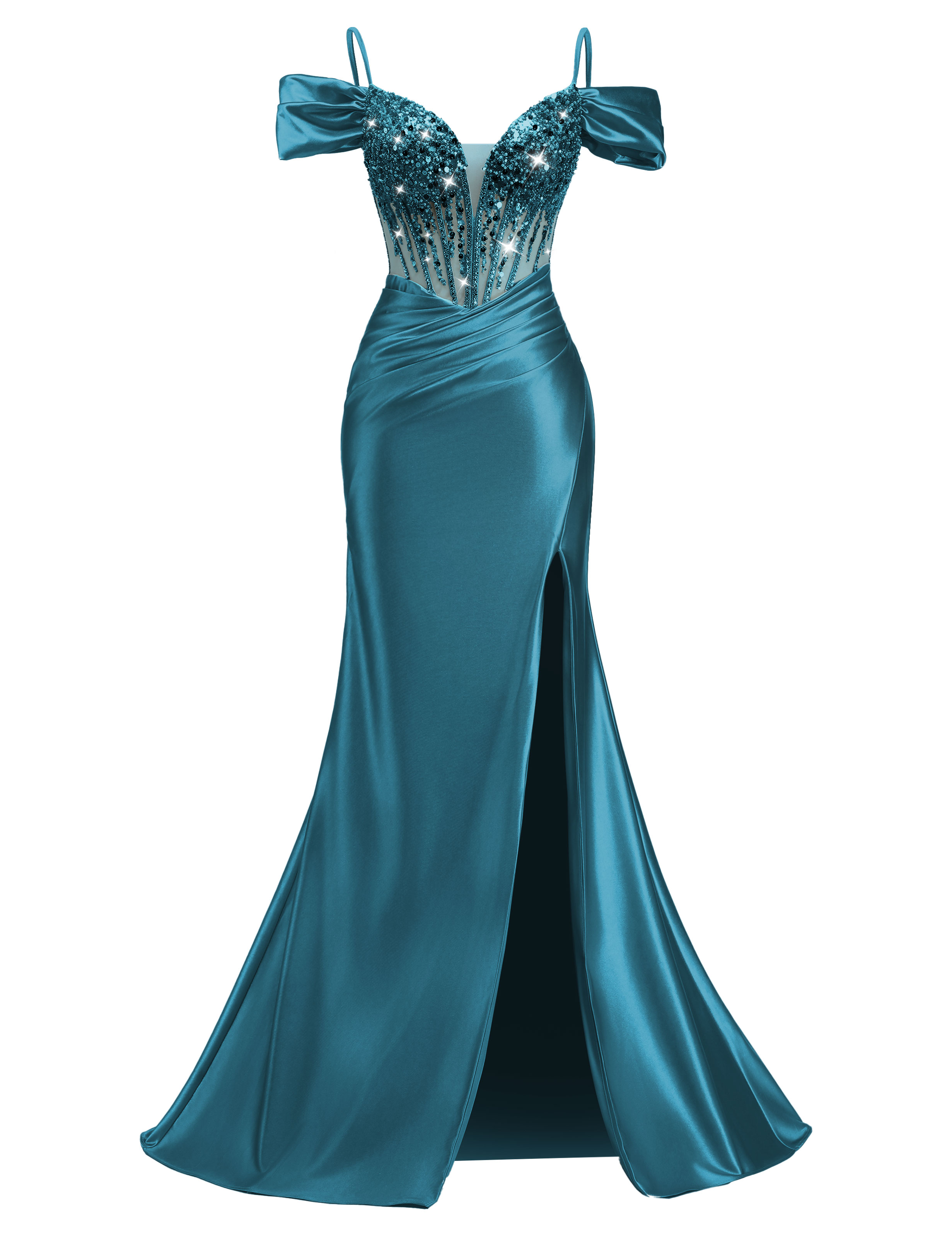 Mermaid V-neck Off Shoulder Beaded Sequin Satin Slit Prom Dress #PR2510014