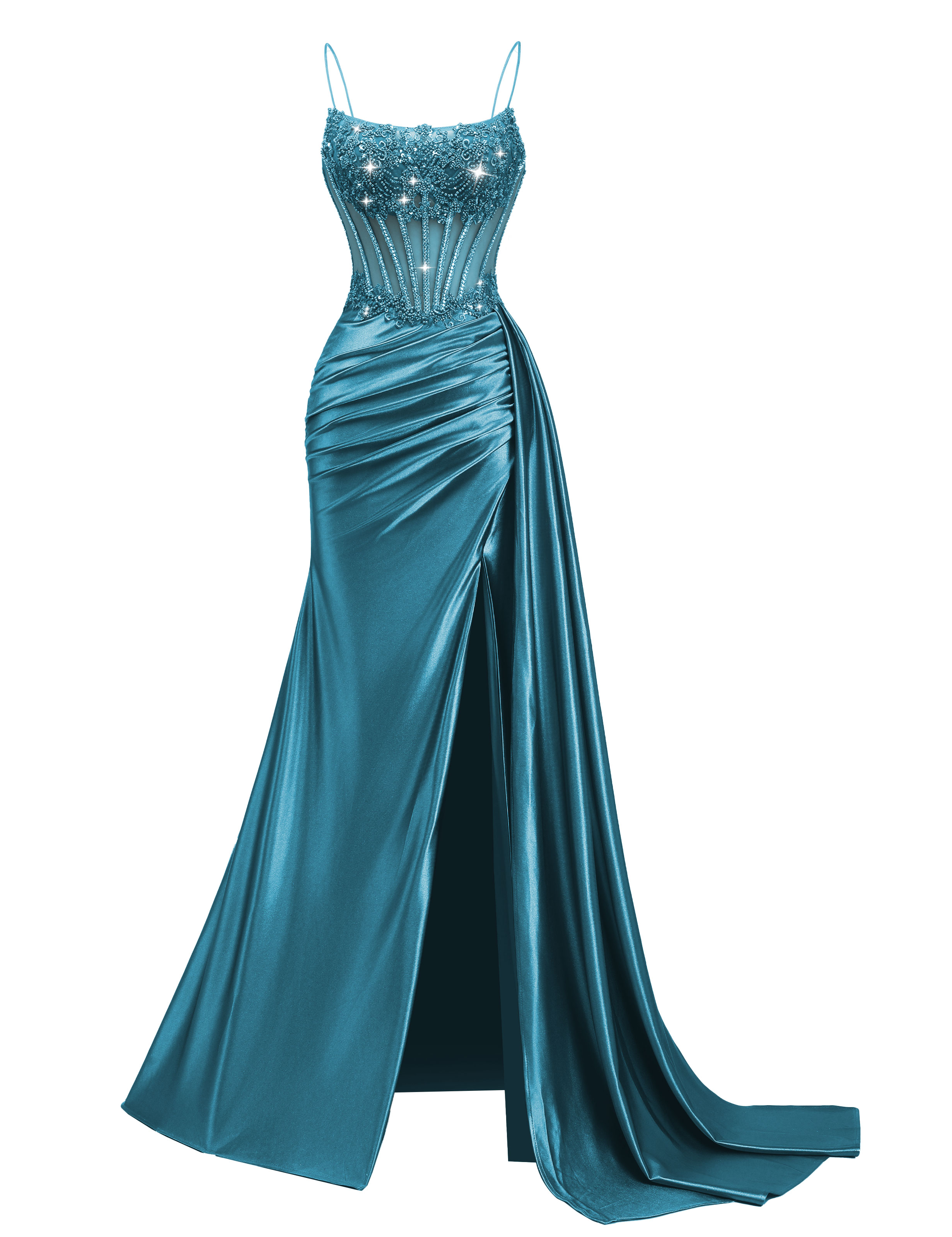 Mermaid Spaghetti Straps Pleated Satin Beaded Slit Prom Dress #PR2510011