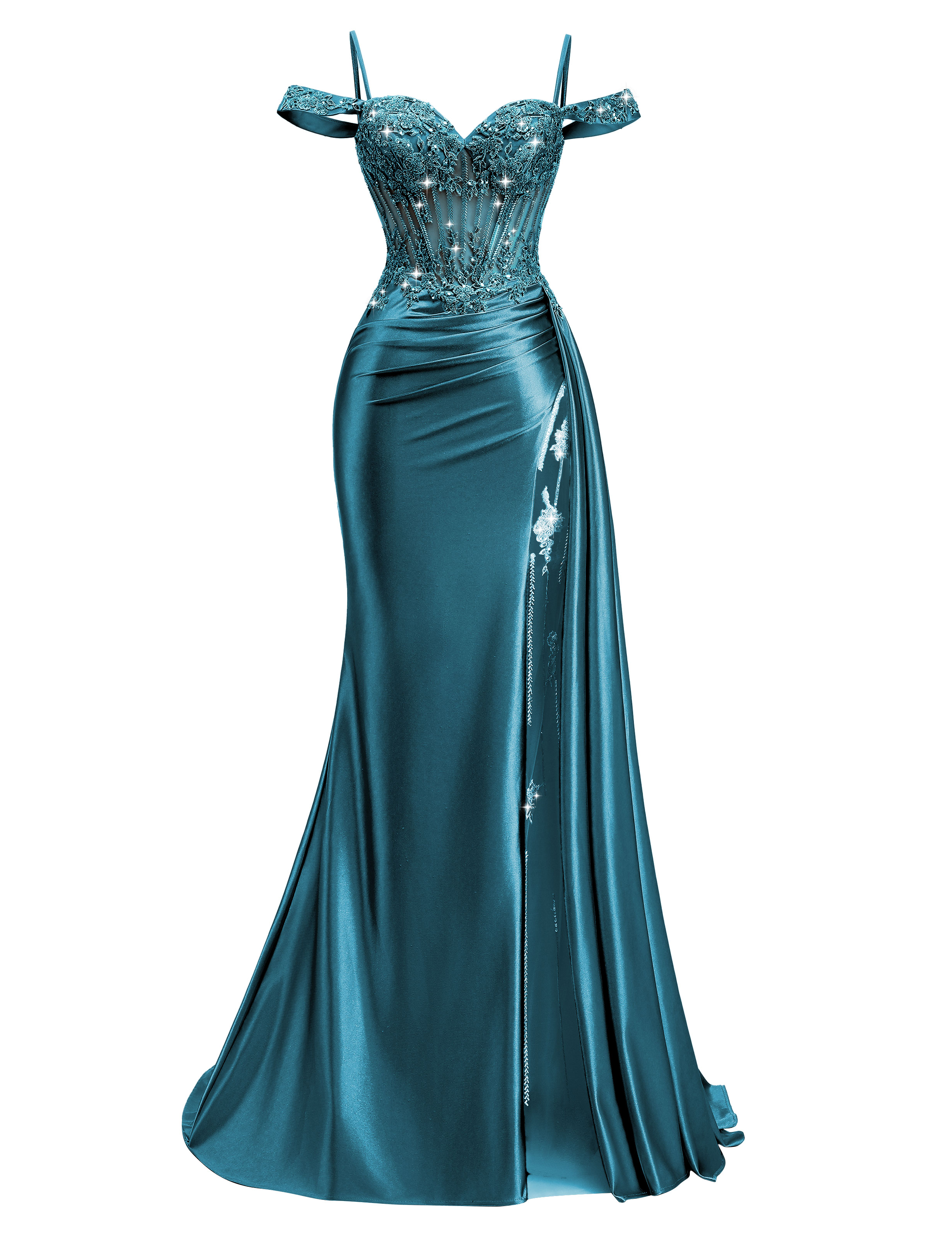 Mermaid Off Shoulder Beaded Sequin Appliques Satin Slit Prom Dress #PR2510009