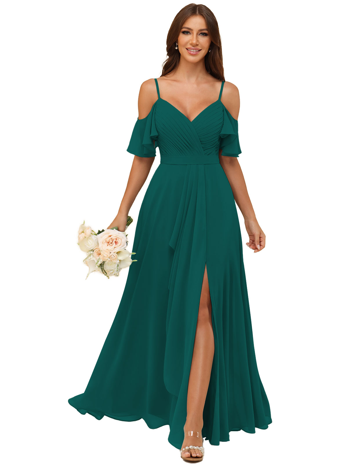 A-line V-neck Spaghetti Straps Chiffon Silt Bridesmaid Dress #BM2507214