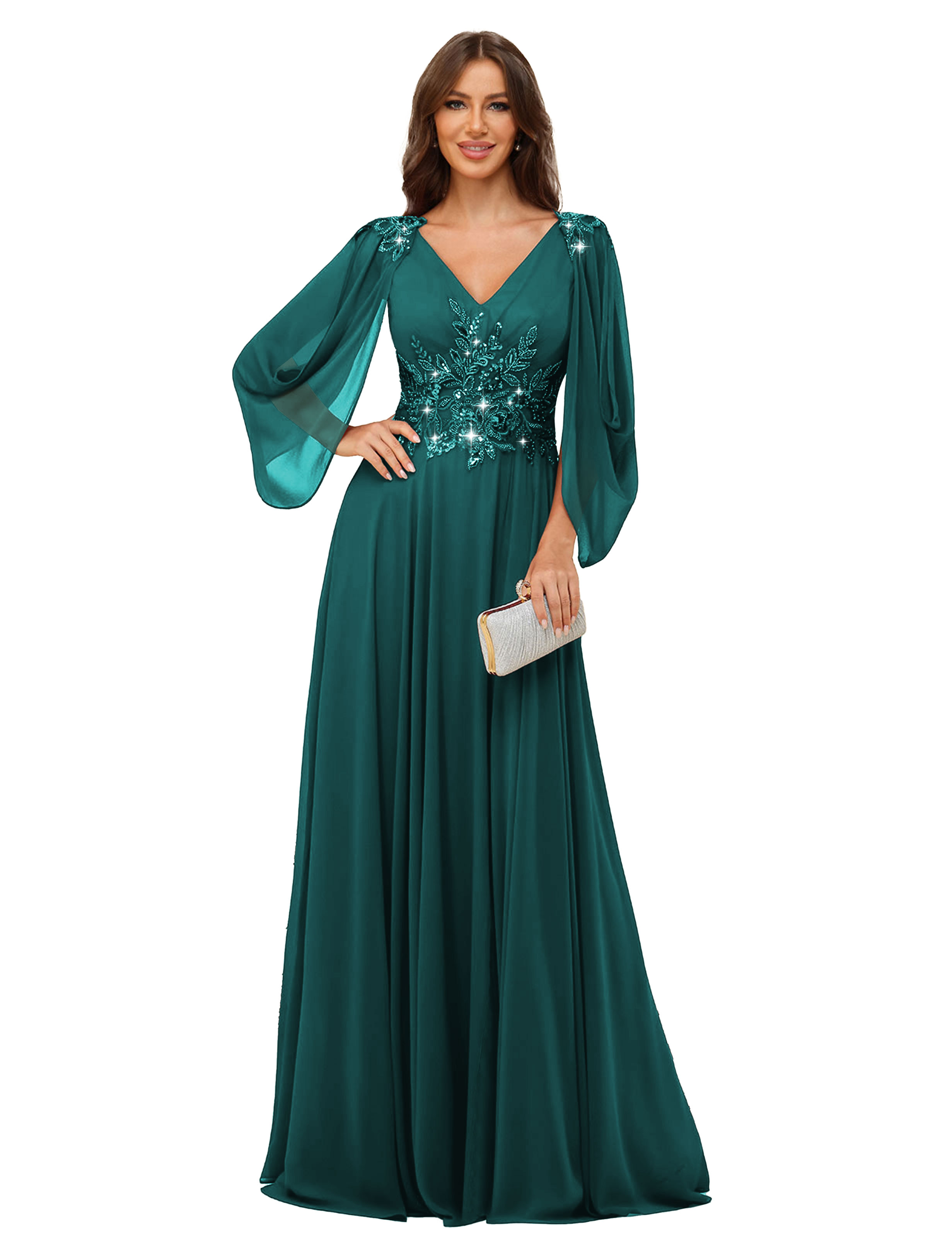 A-line V-neck Chiffon V-back Long Sleeves Mother of The Bride Dress #BM2501034